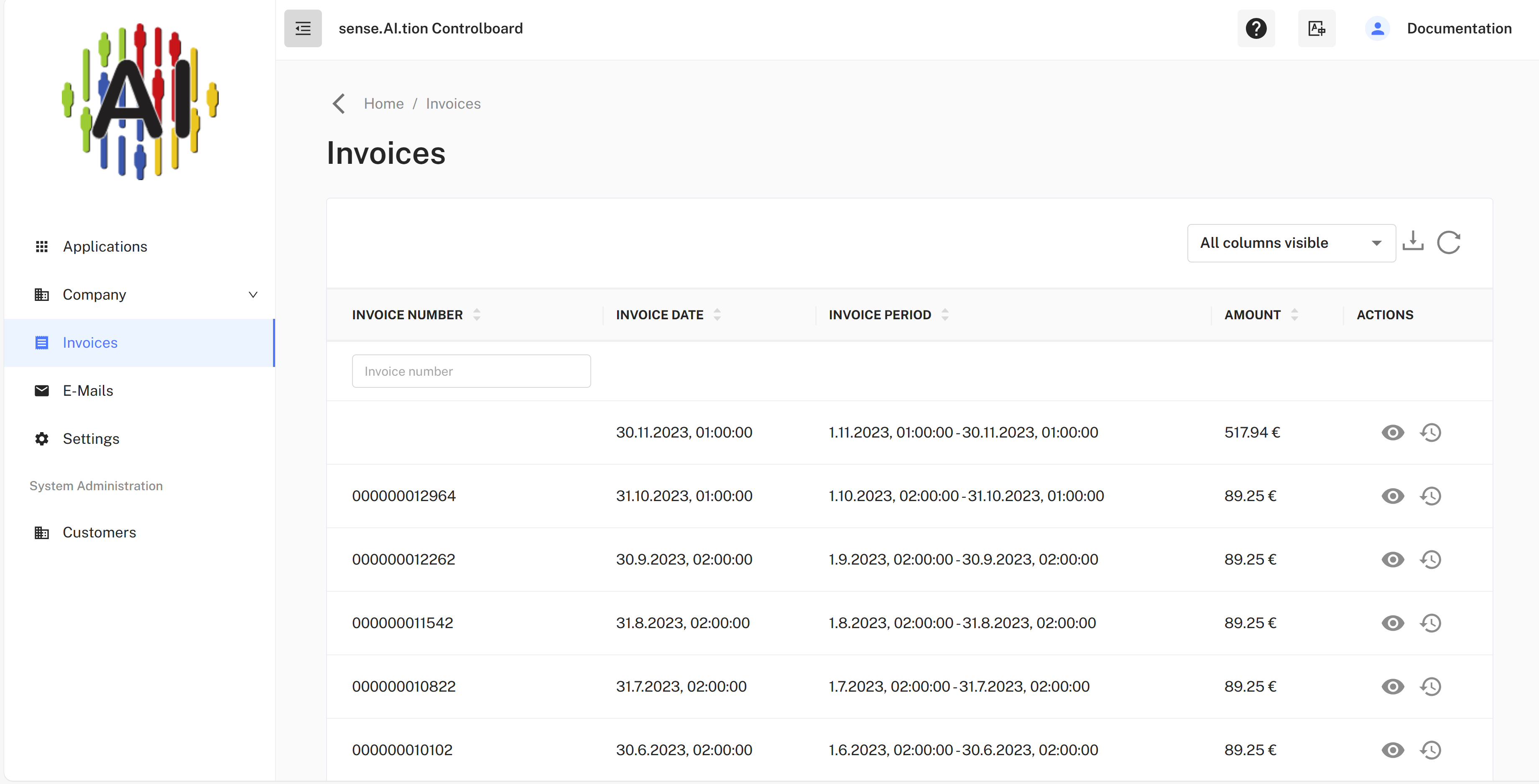 Invoice menu