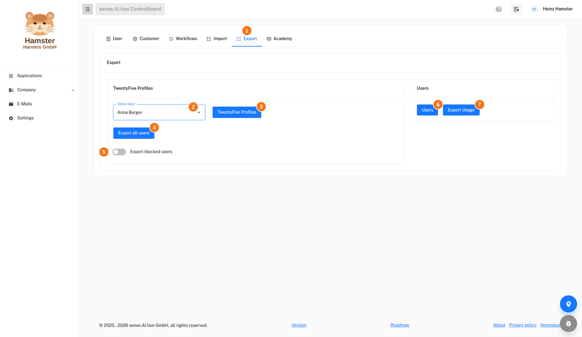 Settings – Export tab Settings, Export tab with the cards TwentyFive Profiles and Users