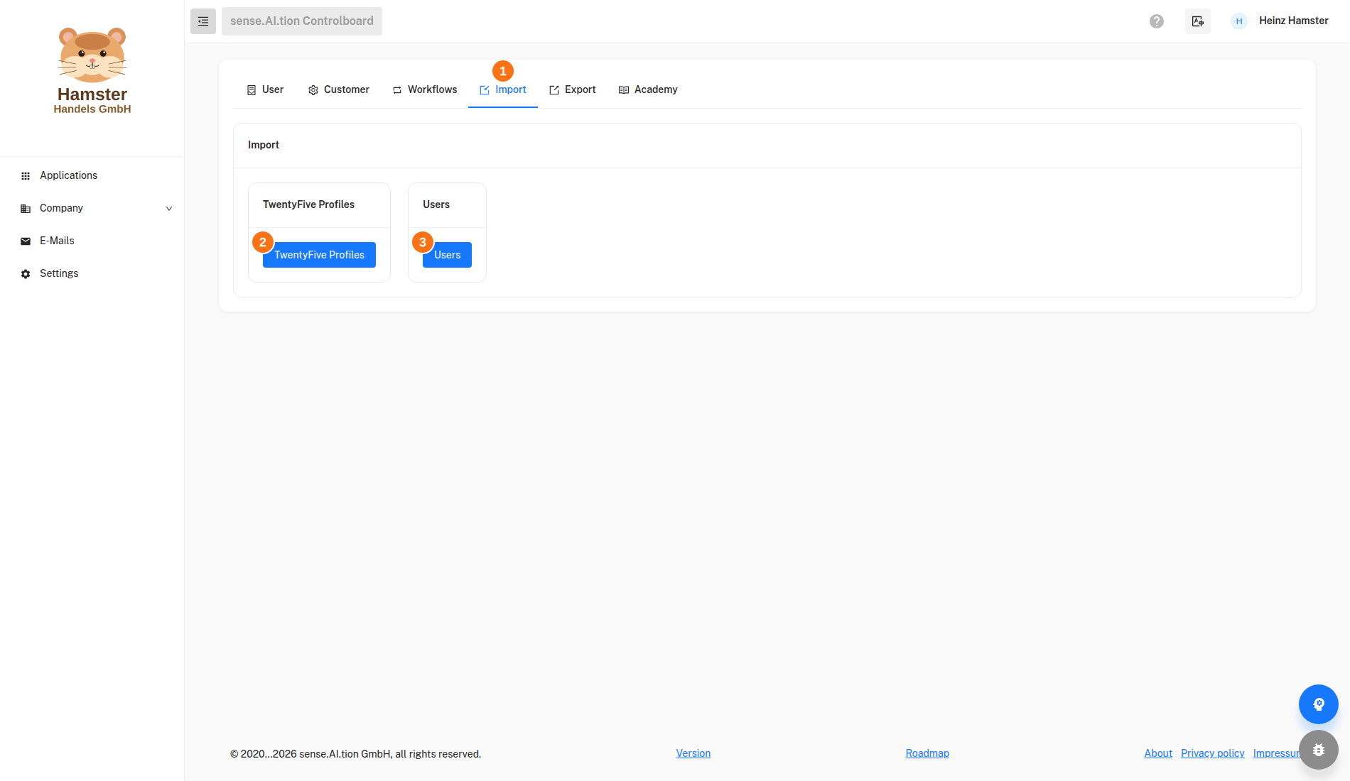 Settings – Import tab Settings, Import tab with the cards TwentyFive Profiles and Users