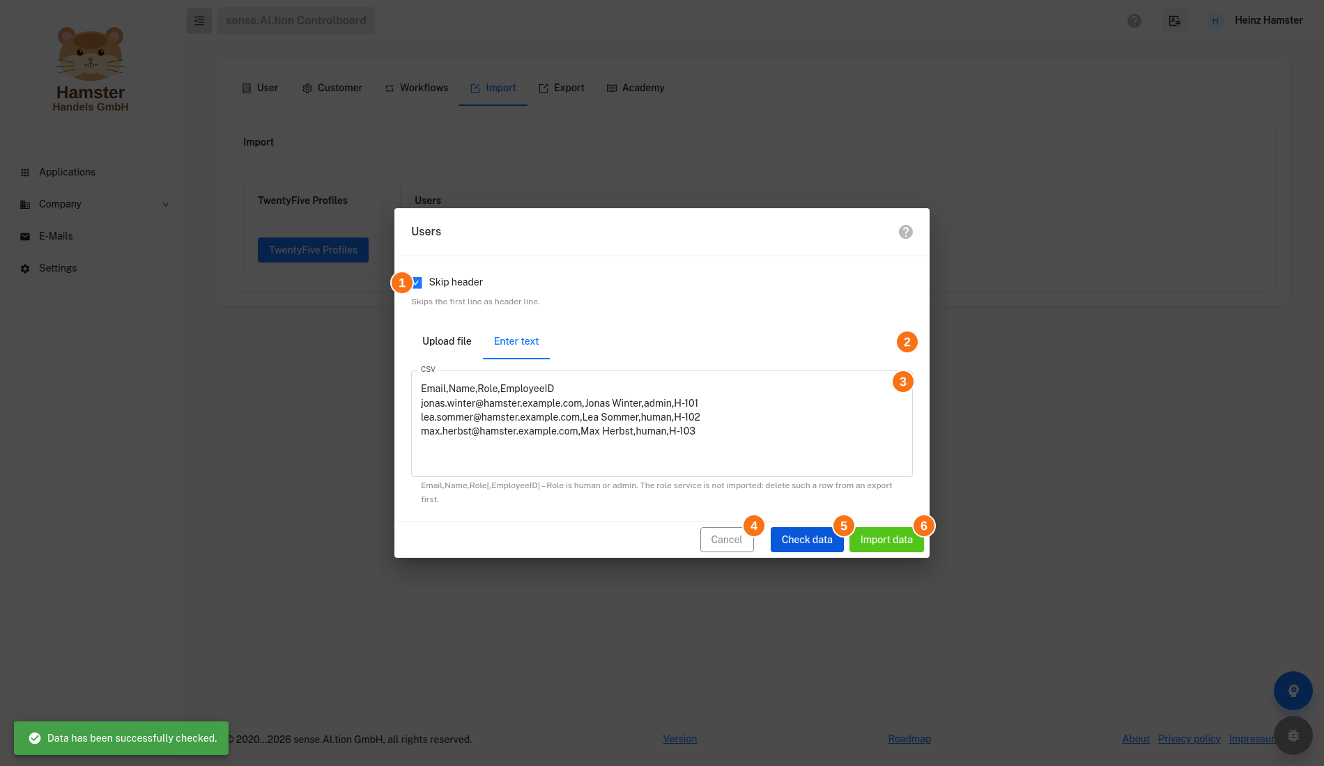 Import – Users dialog after a successful check Users dialog with checked sample data