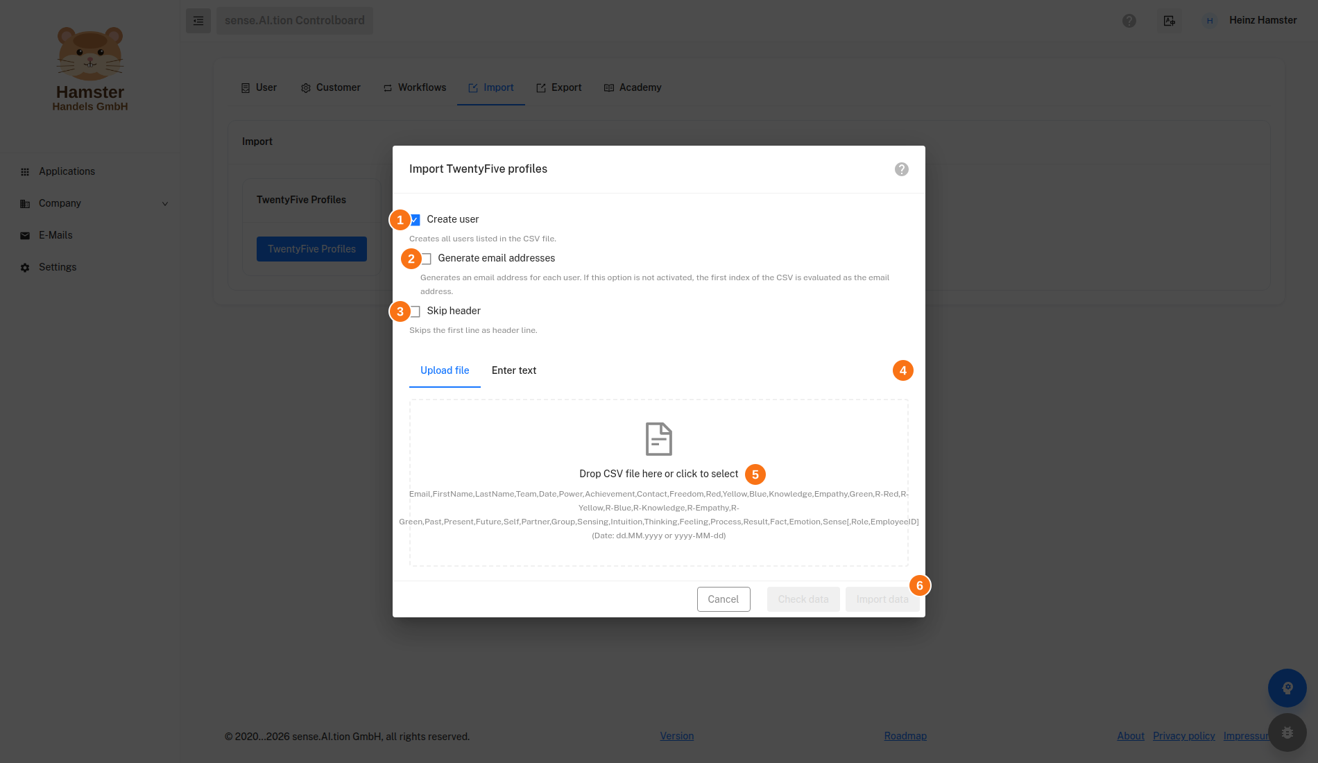 Import – Import TwentyFive profiles dialog Dialog Import TwentyFive profiles with the options