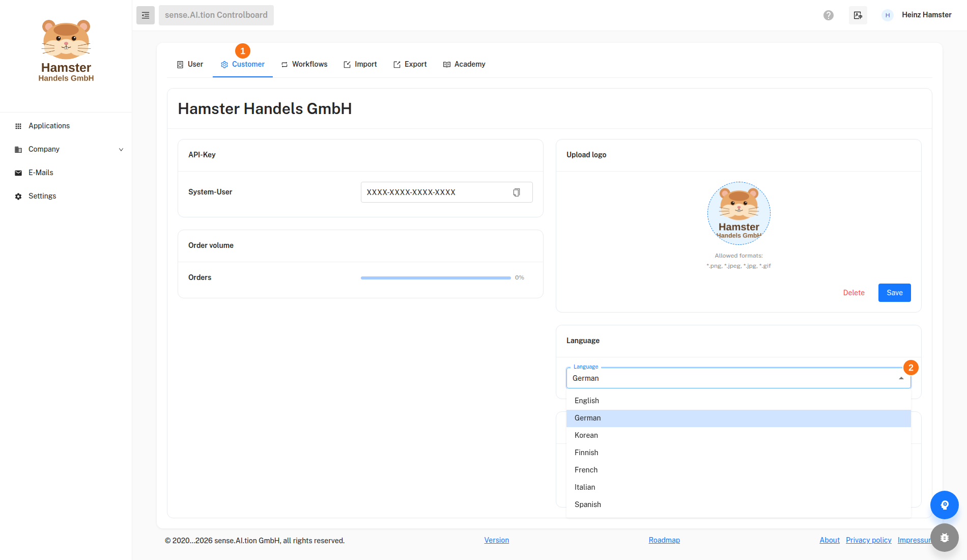 Localization – Language in Settings › Customer Settings, Customer tab, Language section