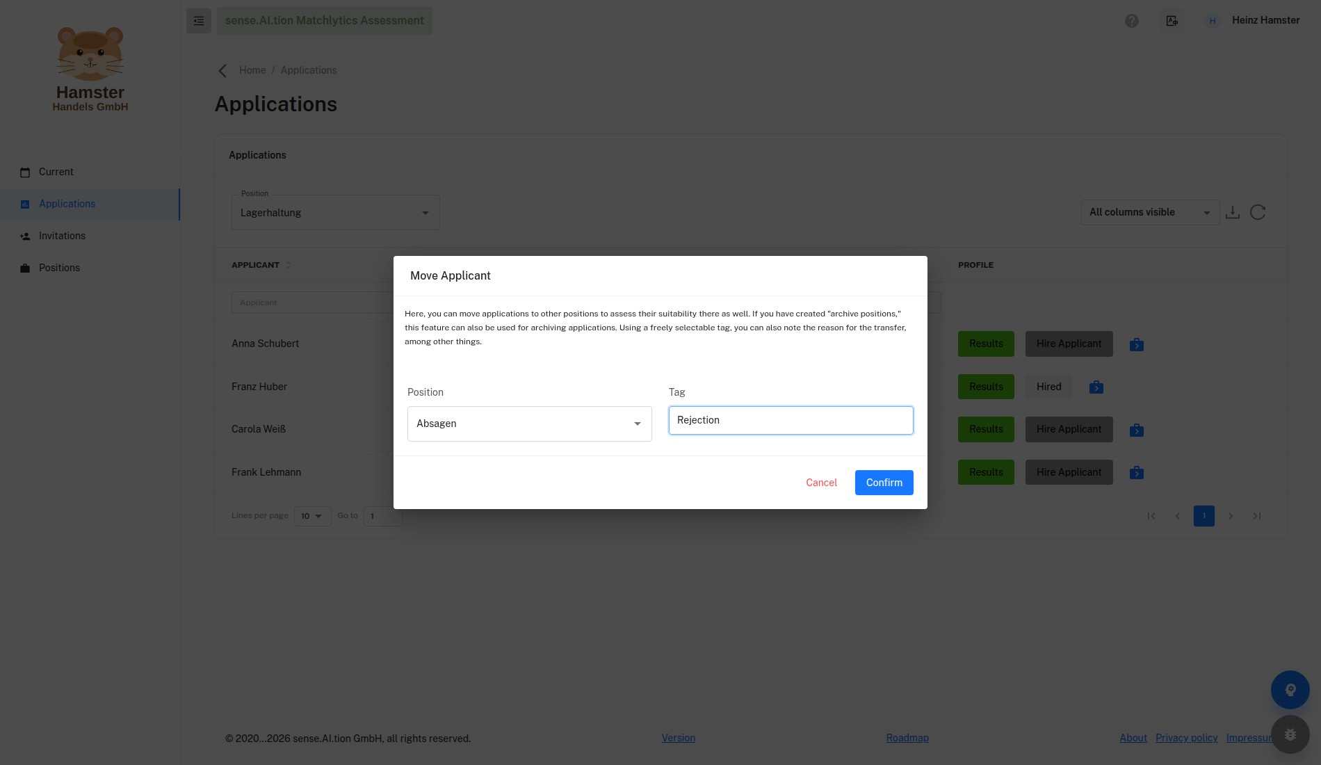 Move Applicant dialog Move Applicant dialog with the fields for position and tag