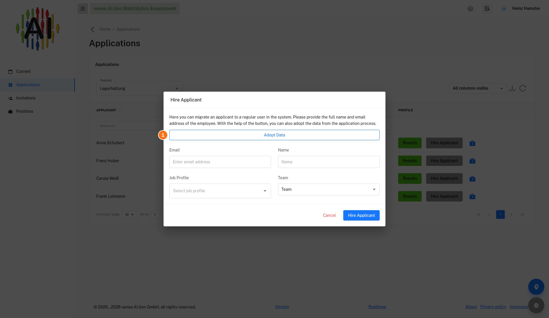 Hire Applicant dialog – Adopt Data (marker 1) Empty Hire Applicant dialog with the Adopt Data button