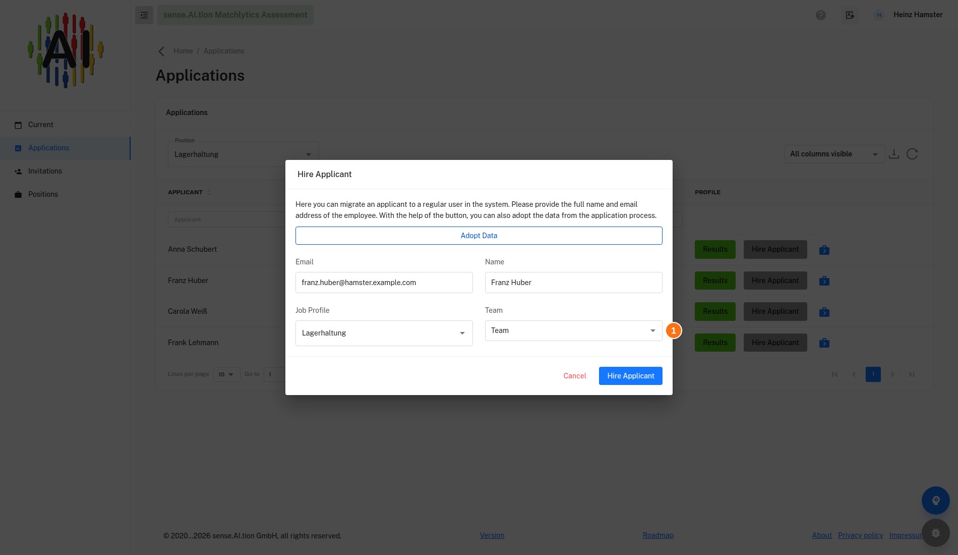 Dialog after Adopt Data – Team field (marker 1) Hire Applicant dialog after Adopt Data, Team field still empty