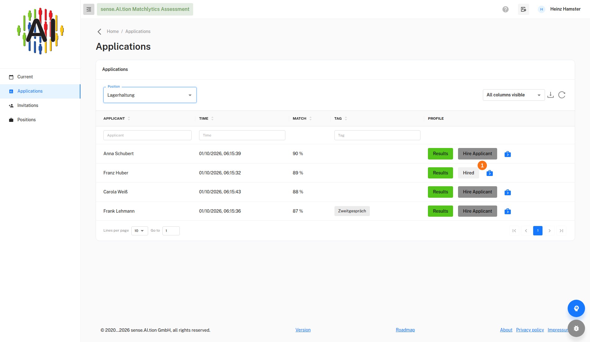 Applications – status Hired Applications table with the status Hired for Franz