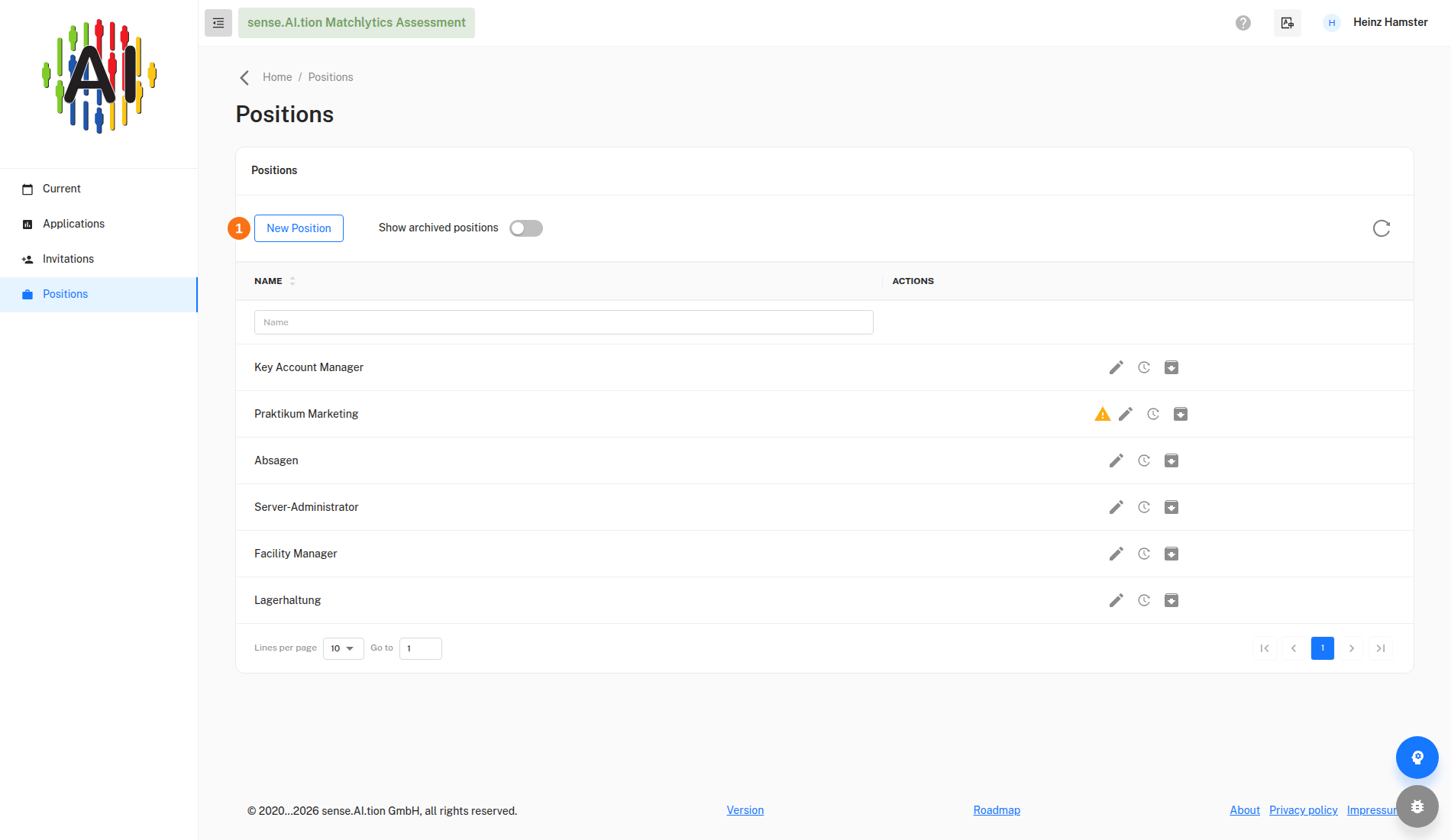 Position list with the New Position button