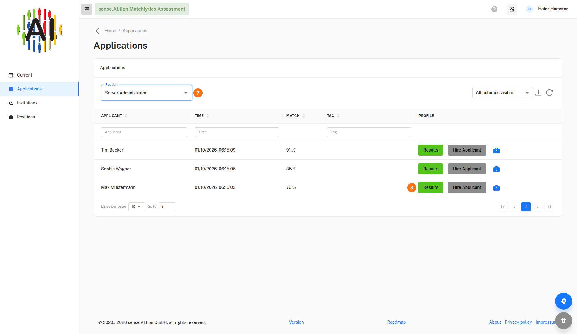 Applications with position selection, match and the Results button