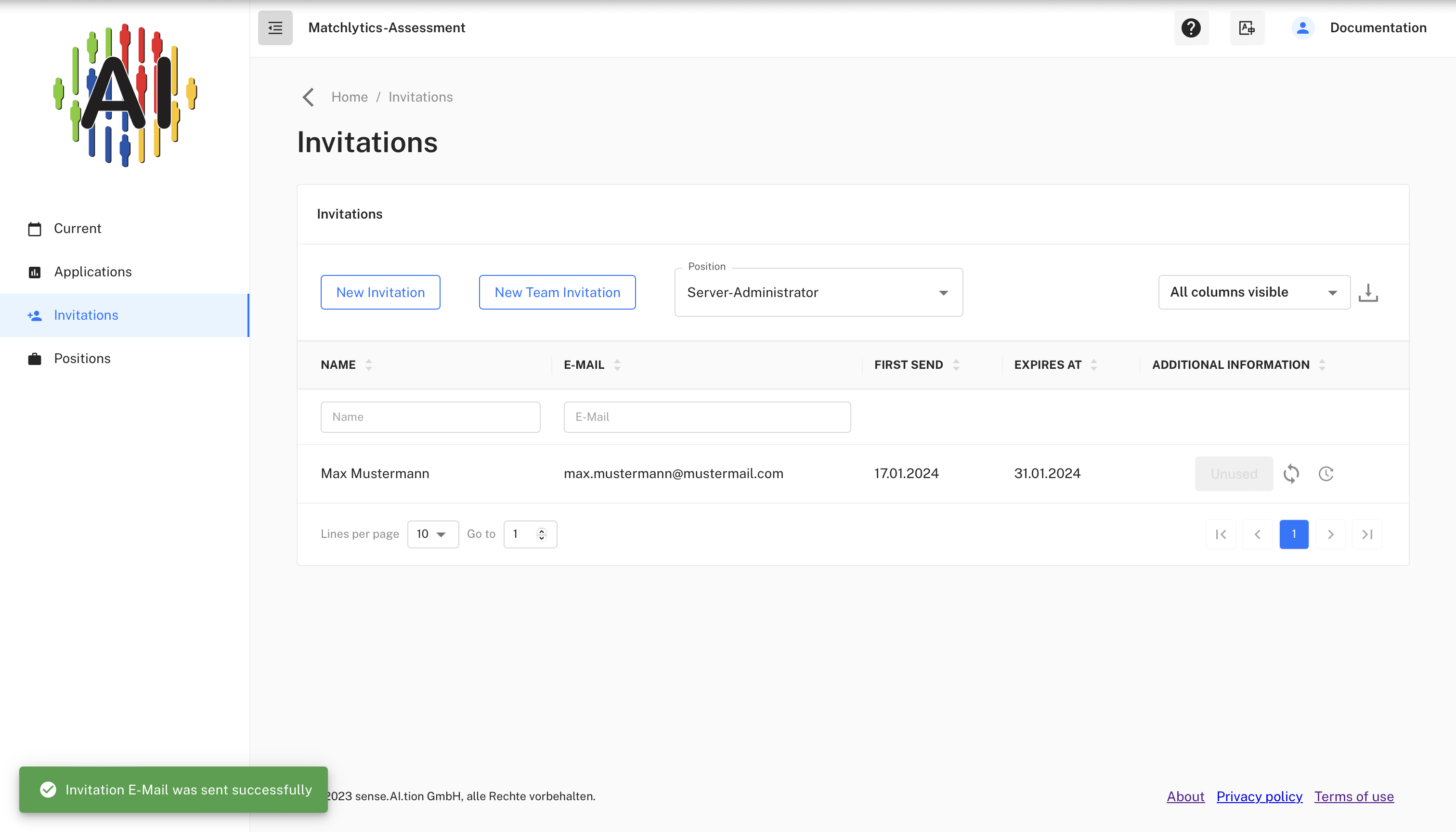 Invitation list with the new invitation and the confirmation