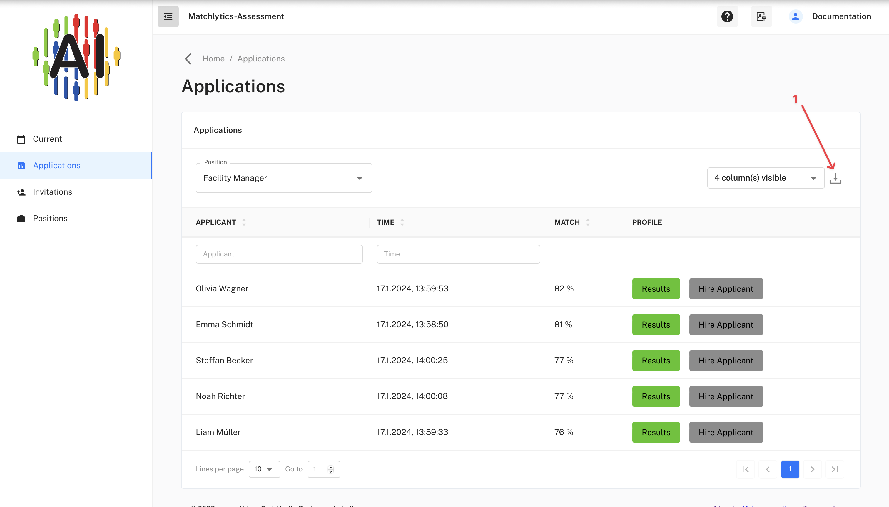 Applications of the position Facility Manager with the export icon
