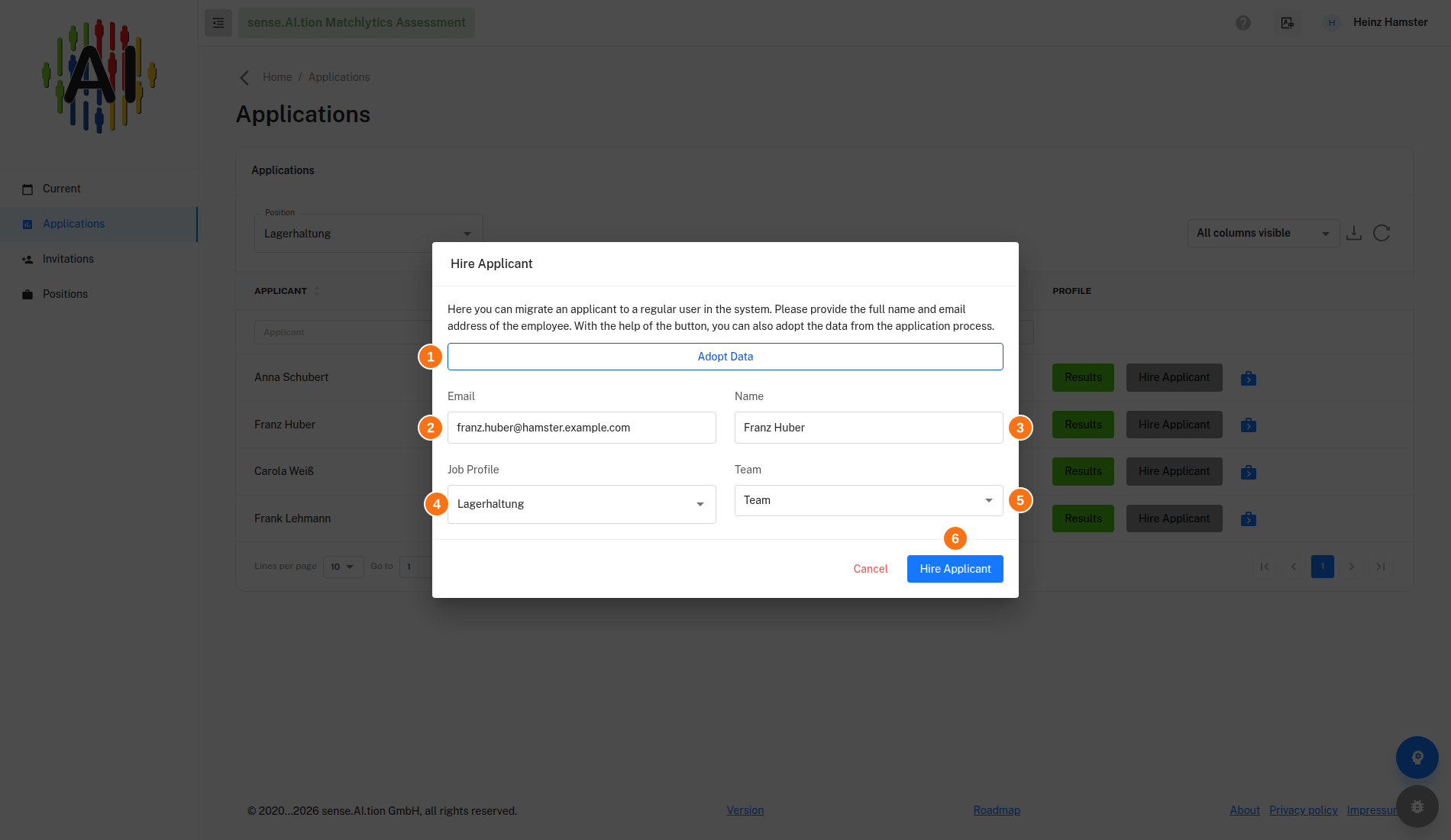 Hire Applicant dialog Hire Applicant dialog