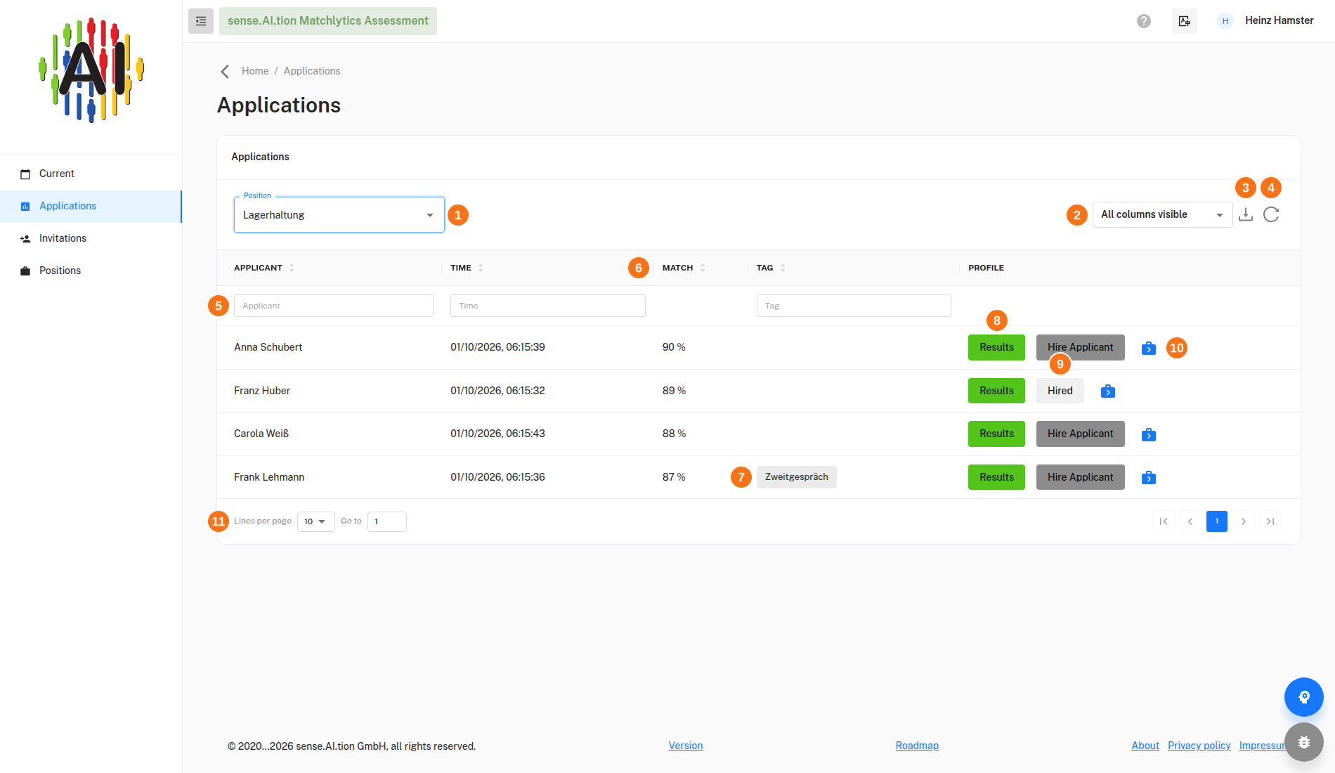Applications – applicant list with Tag column Applications, applicant list of a position