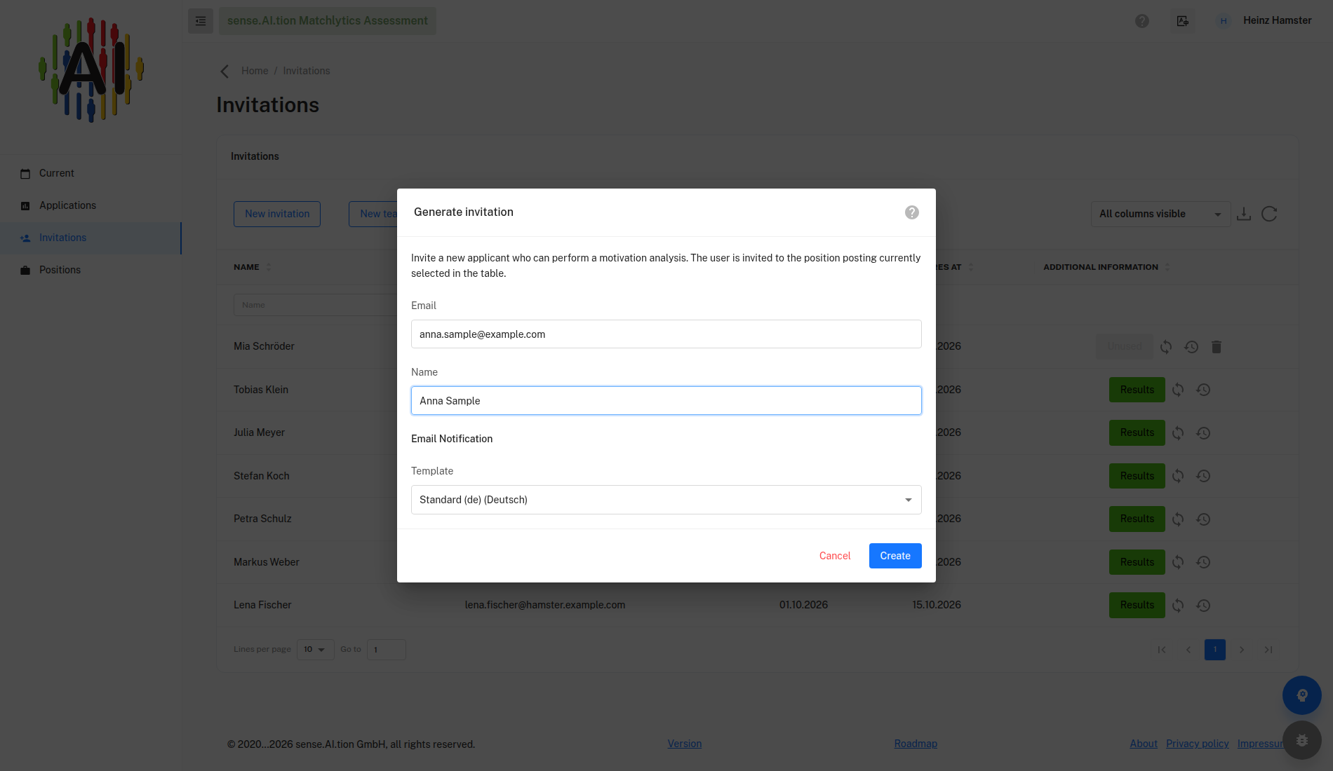 Generate invitation dialog with email, name and template