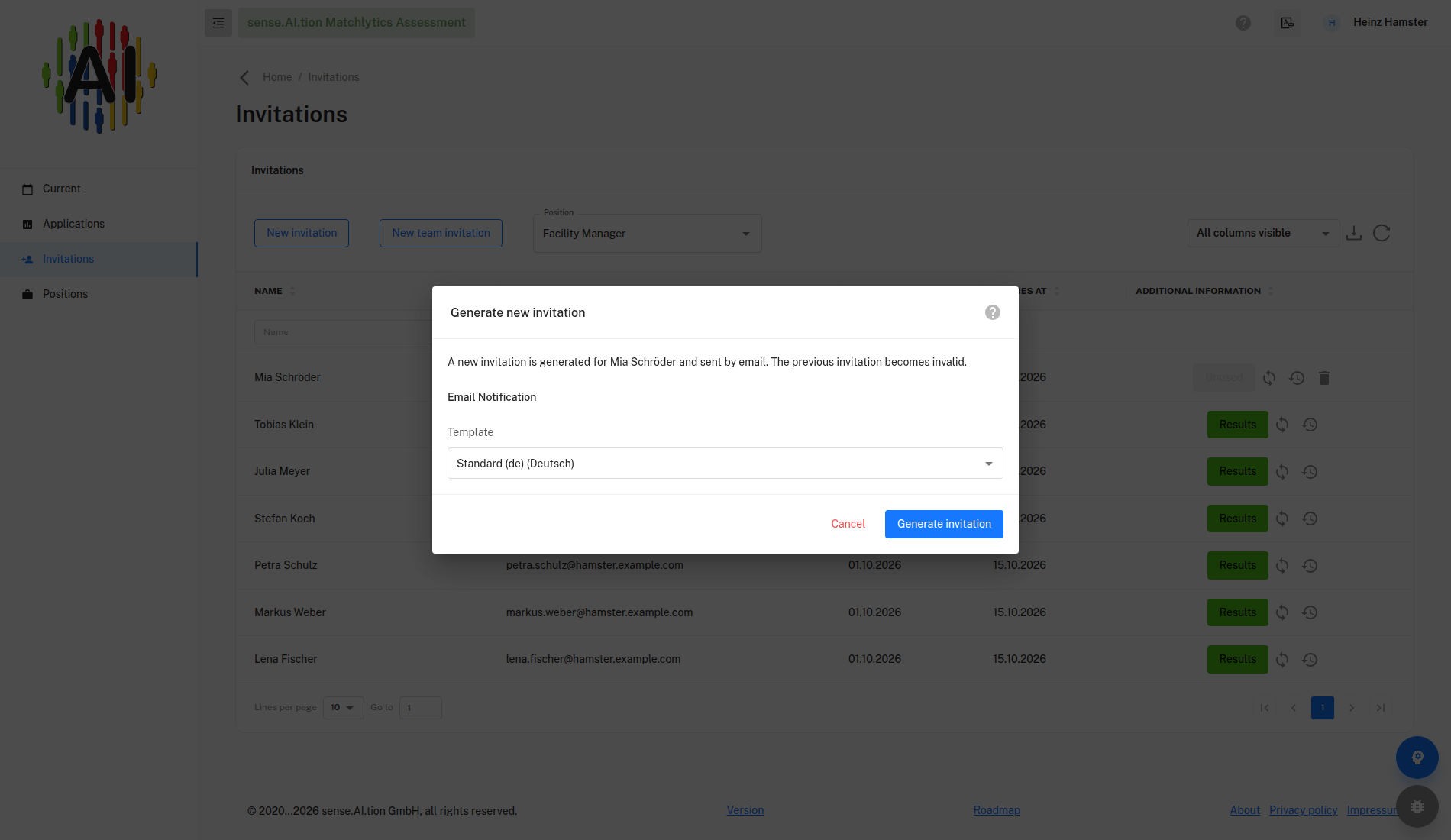 Generate new invitation dialog with template selection