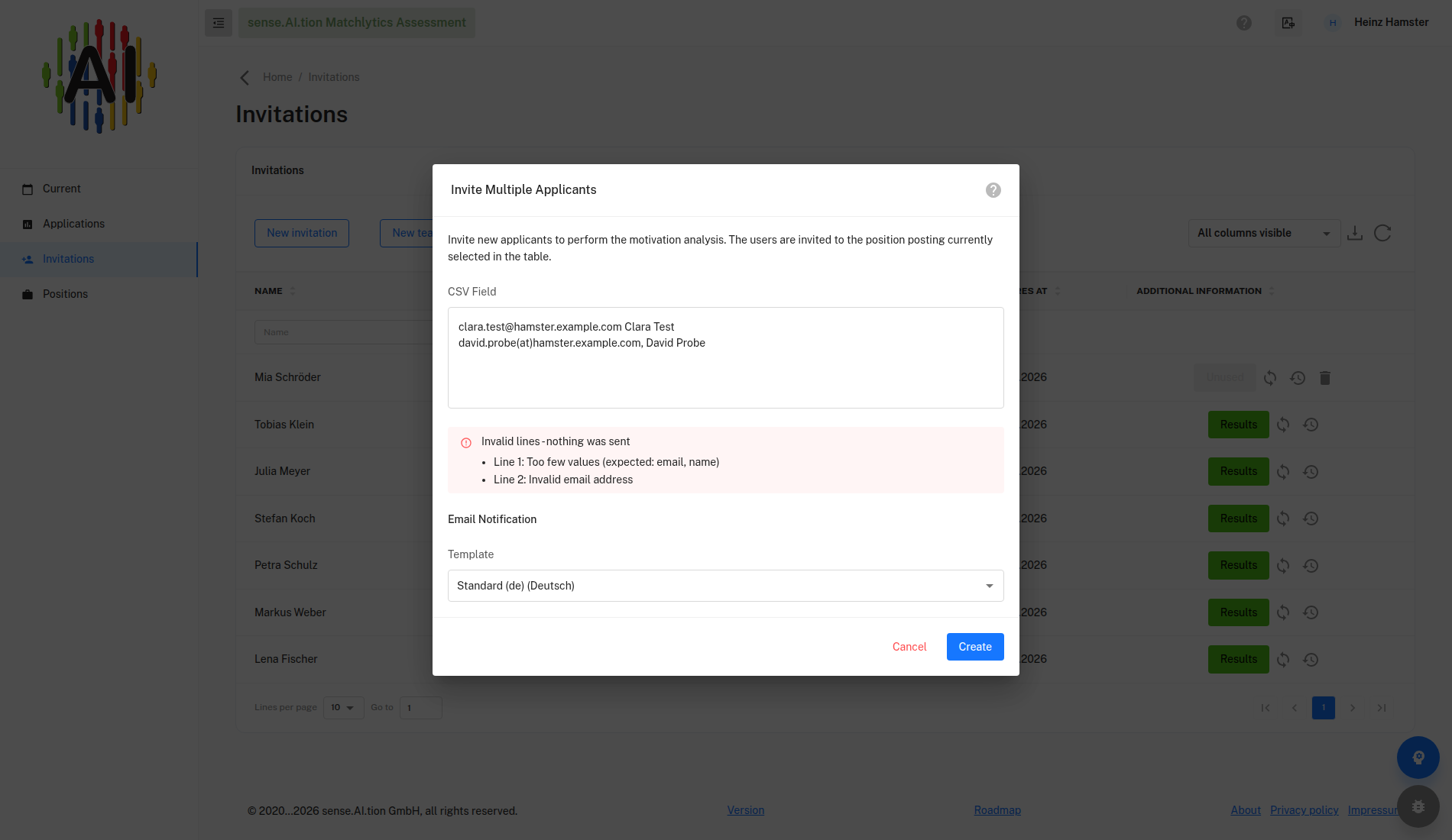 Invite Multiple Applicants dialog with error display for invalid lines