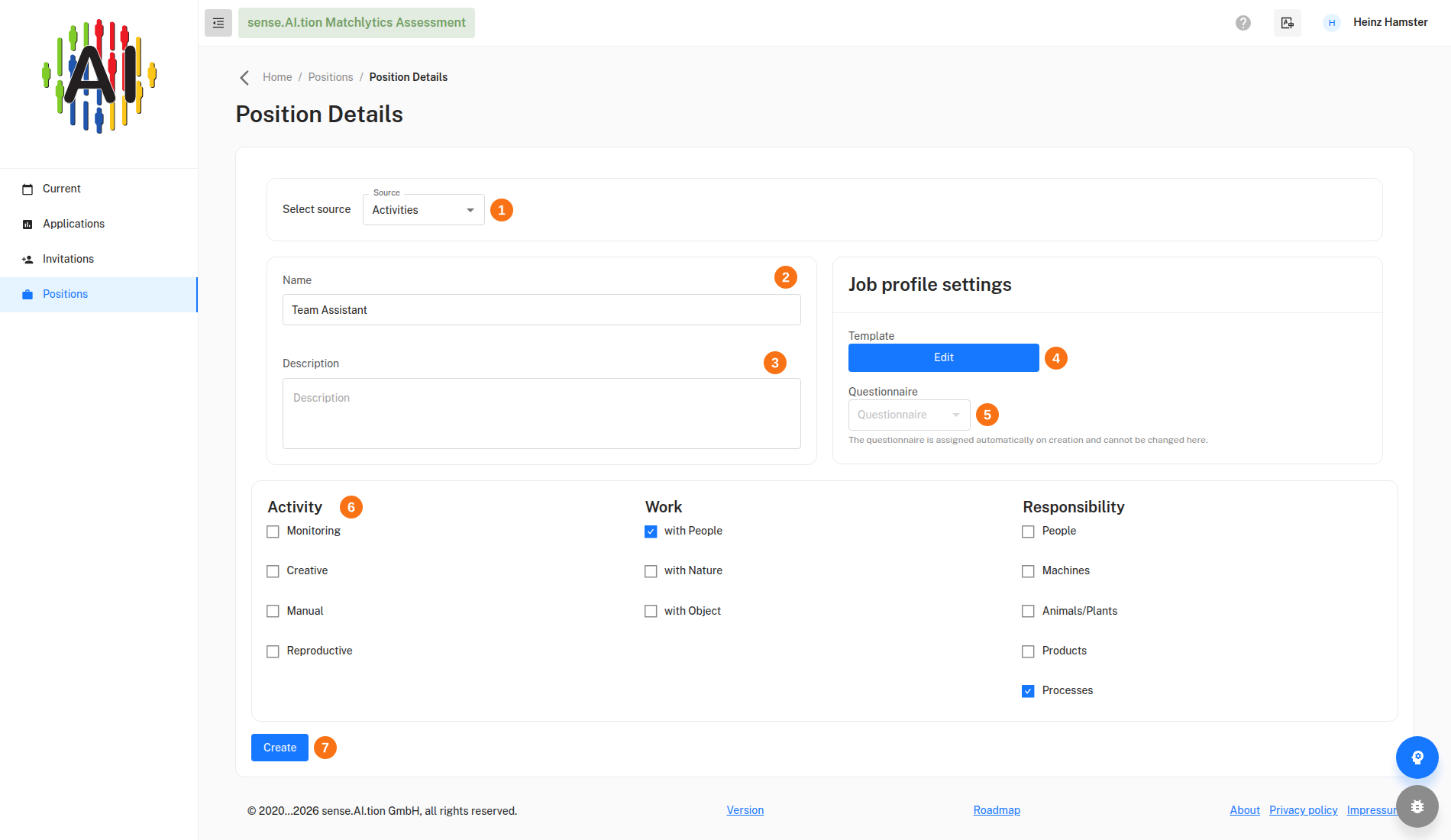 Position Details – new position with the source Activities Position Details form with the source Activities