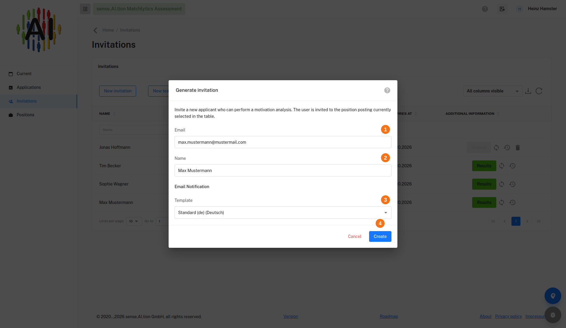 Generate invitation dialog with email, name and template