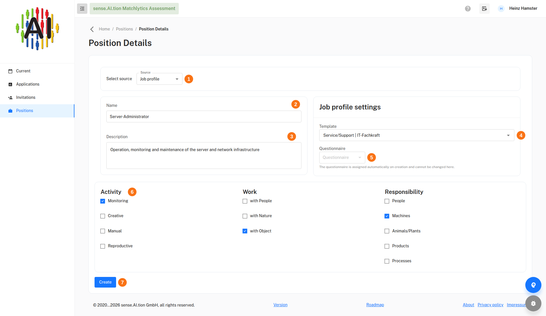 Details of a new position with source, template and checkboxes