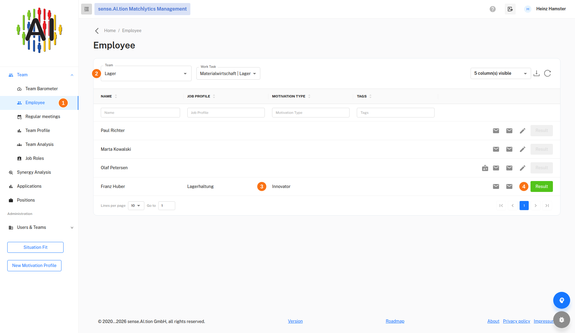 MatchLytics-Management – Team › Employee Employee table of the Lager team with the new employee