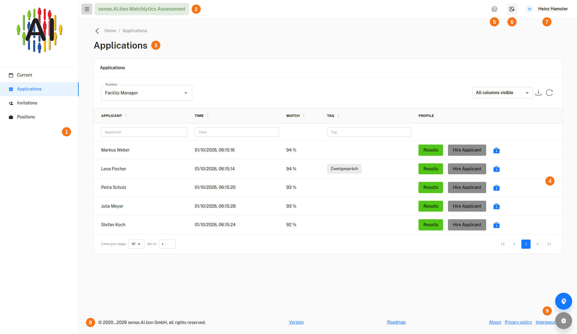 Interface layout MatchLytics-Assessment interface with numbered areas