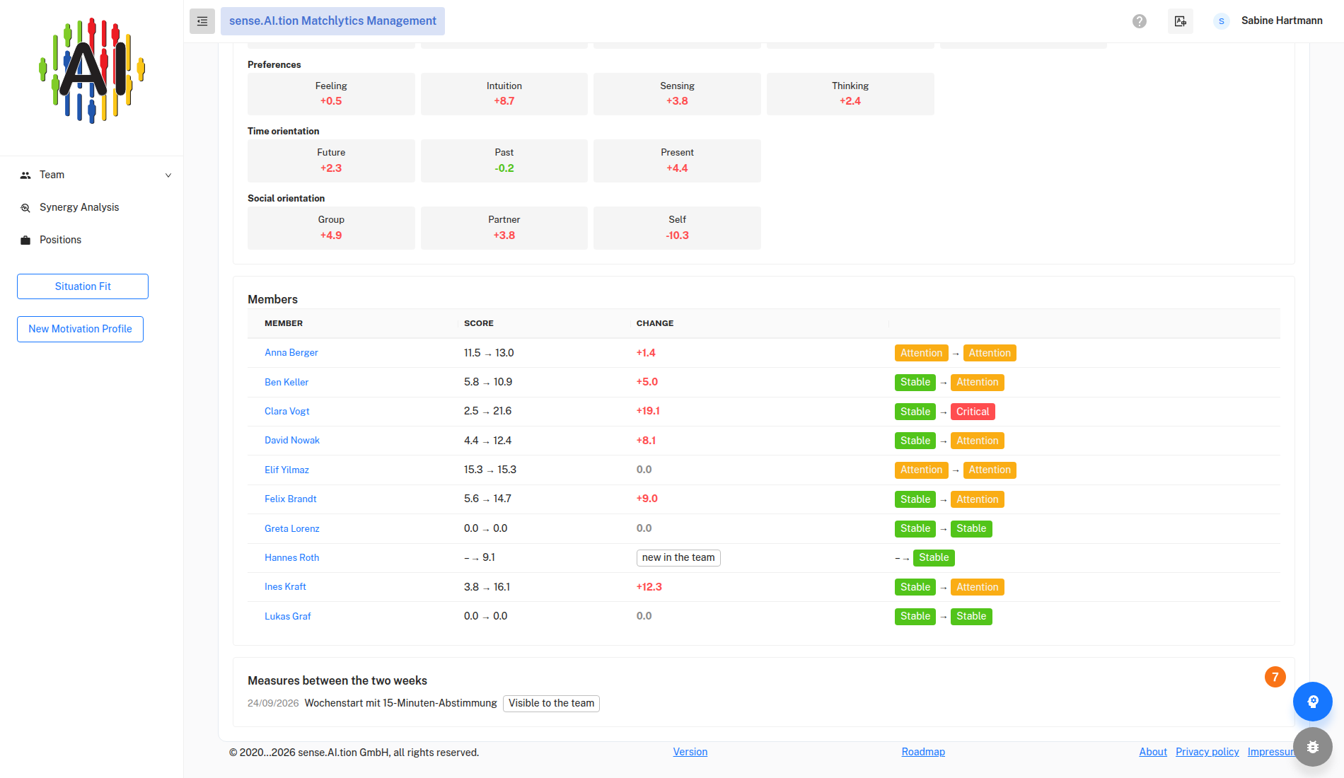 Team Barometer, Comparison tab (part 2)