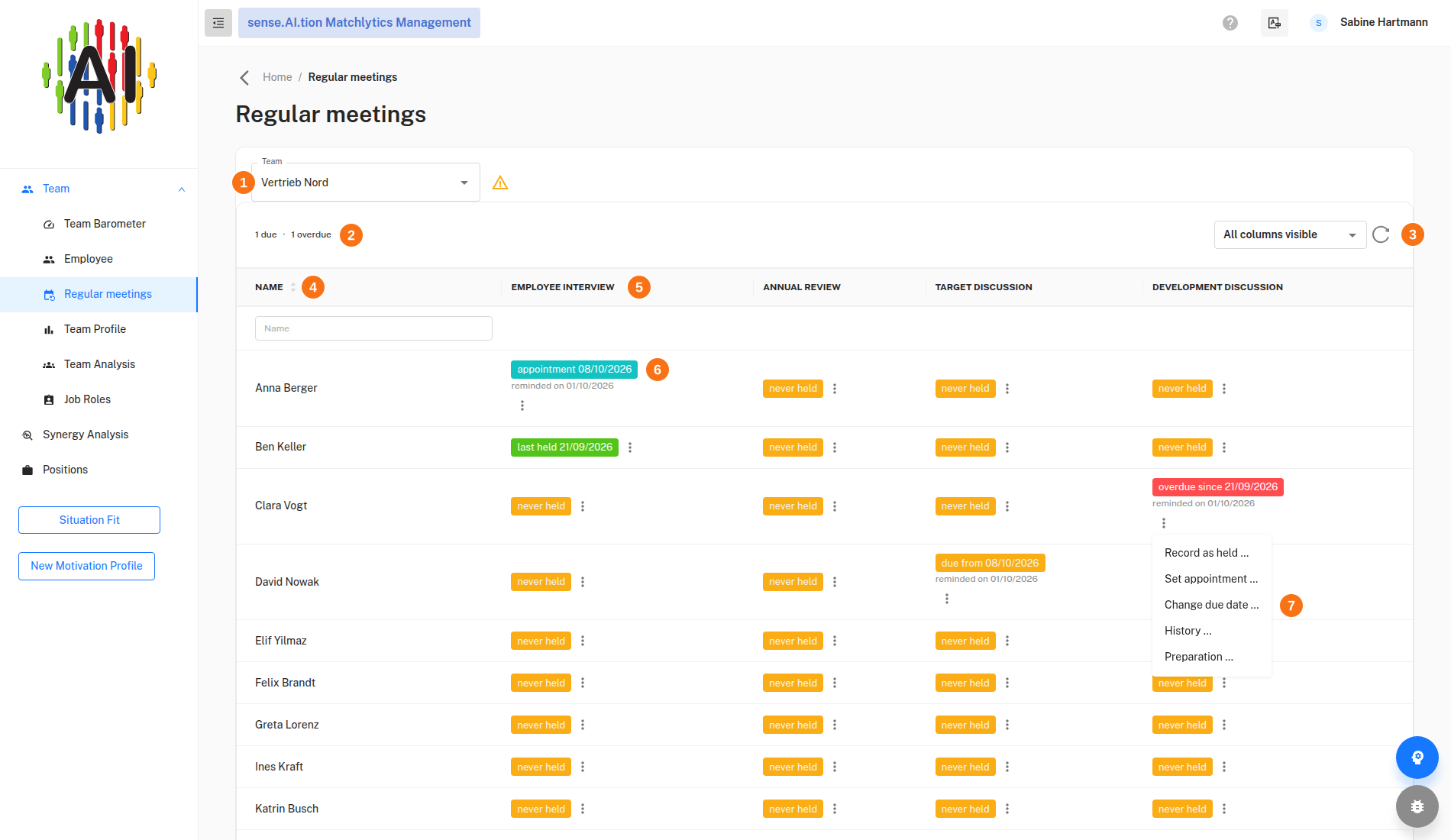 Regular meetings, matrix with open action menu