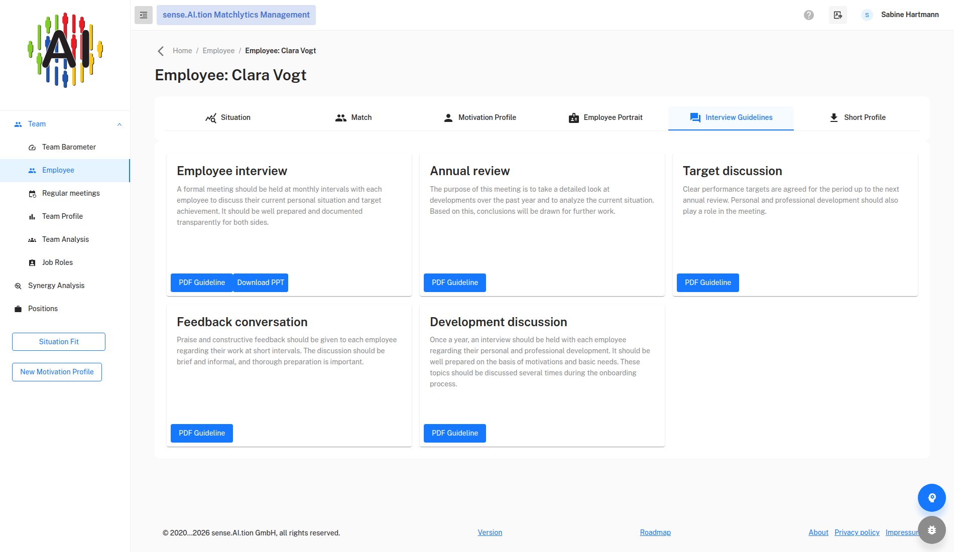 Result view – Interview Guidelines tab Interview Guidelines tab with five cards