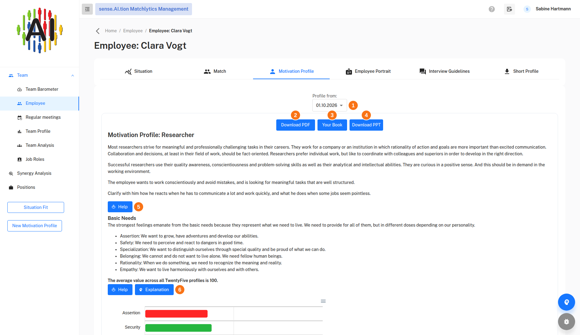 Result view – Motivation Profile tab Motivation Profile tab with profile selection and charts