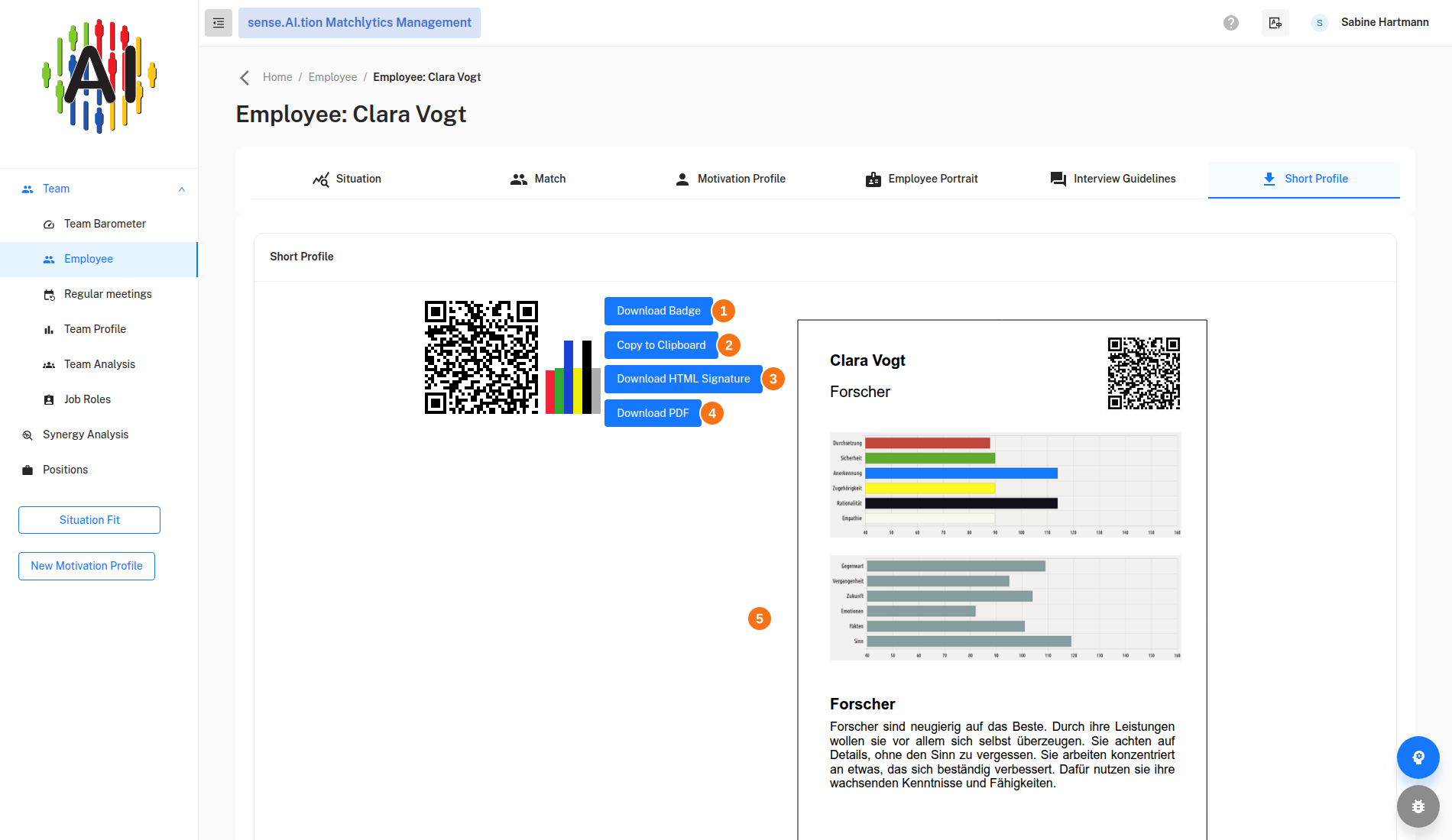 Result view – Short Profile tab Short Profile tab with badge, HTML signature and PDF preview