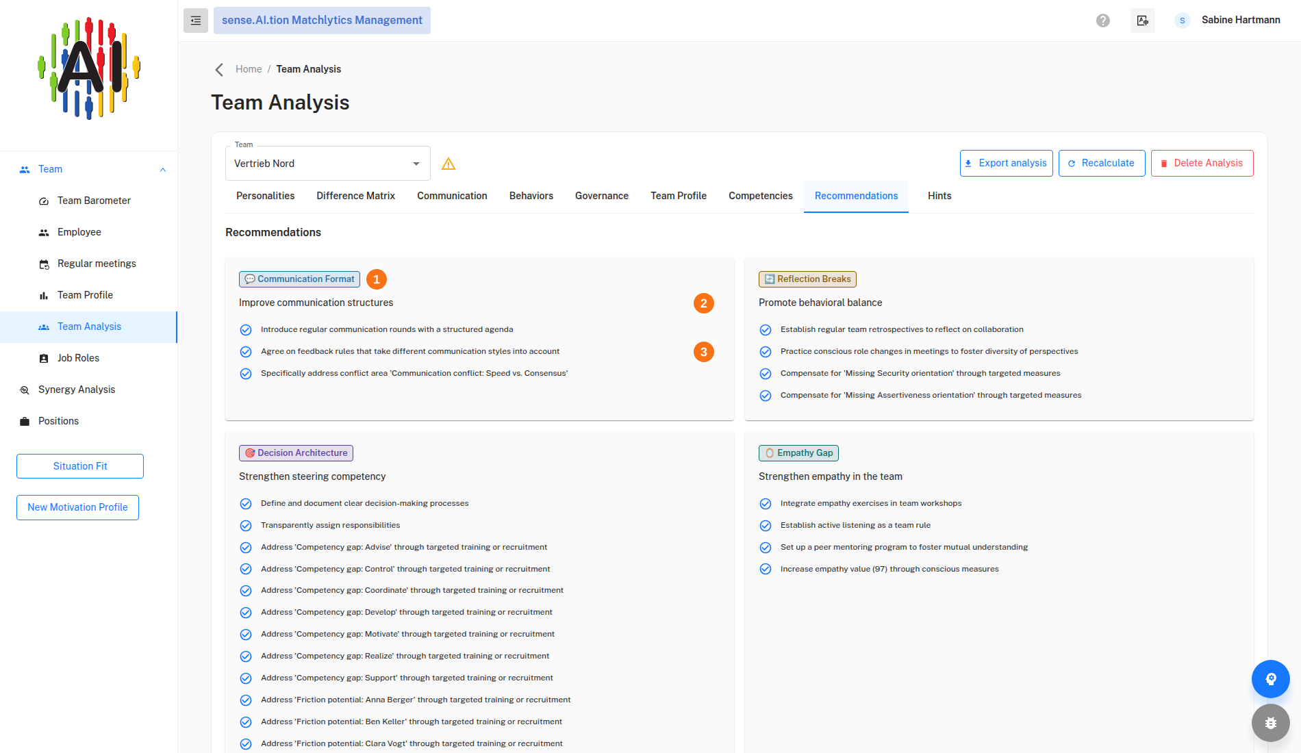 Recommendations slide with categories