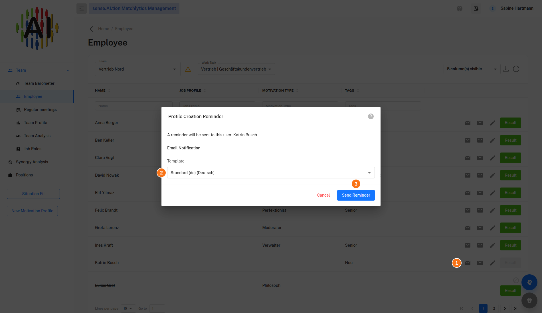 Employees page with the “Profile Creation Reminder” dialog