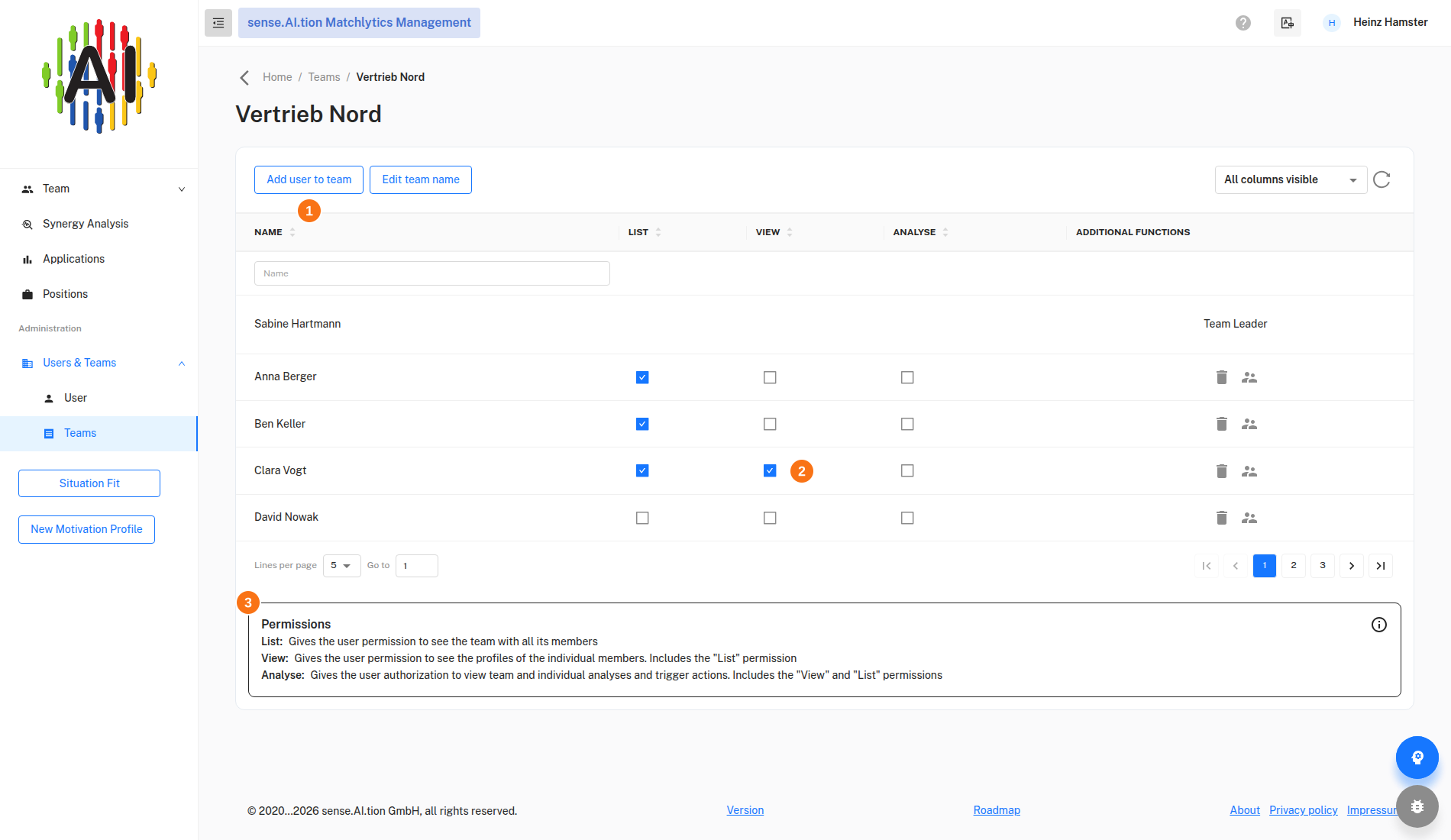 Team details with permissions and the “Add user to team” button