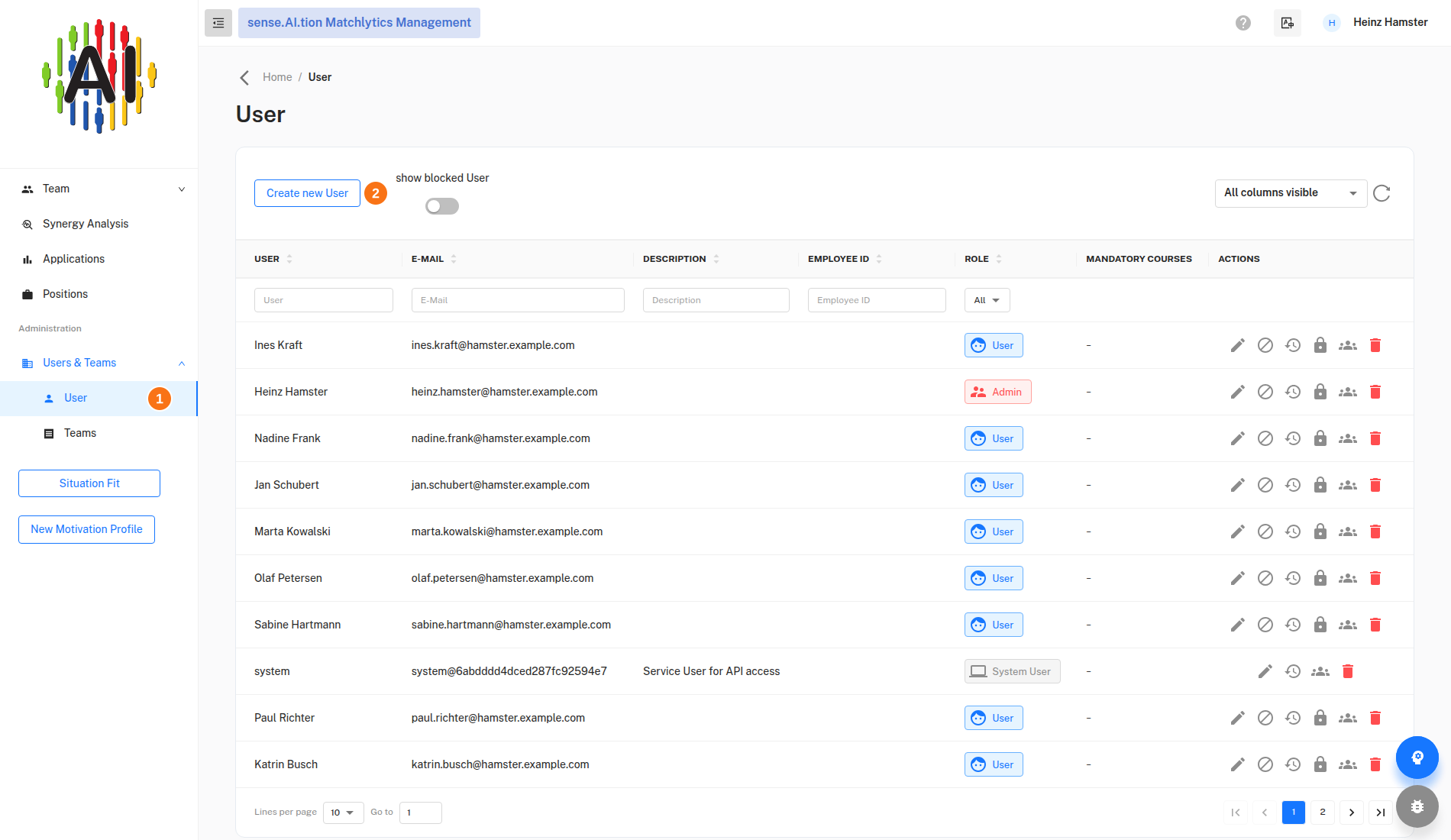 User list with the “Create new User” button