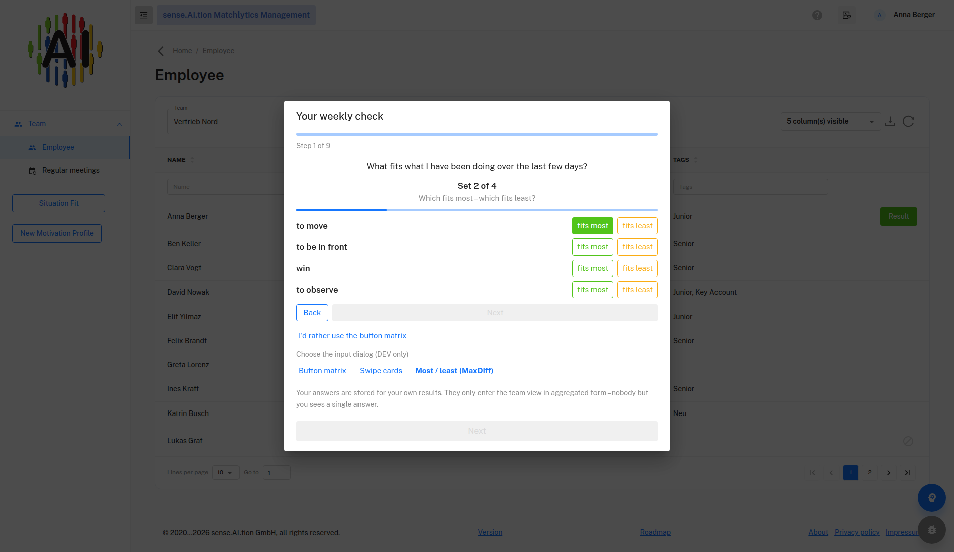 Weekly check – “Most / least” input form Weekly check, Most / least input form