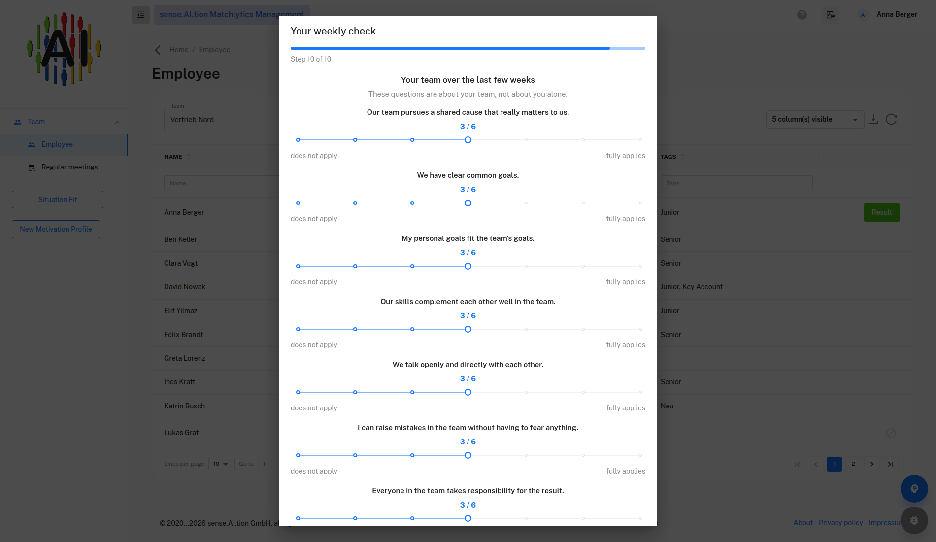 Team-Check – block “Your team over the last few weeks” Deep-Check, Team-Check block