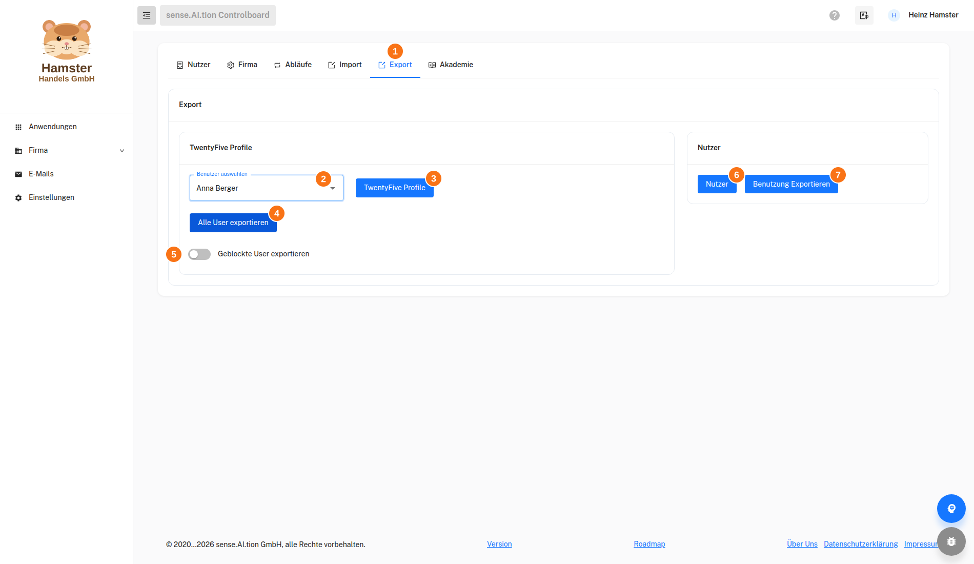 Einstellungen – Tab Export Einstellungen, Tab Export mit den Karten TwentyFive Profile und Nutzer