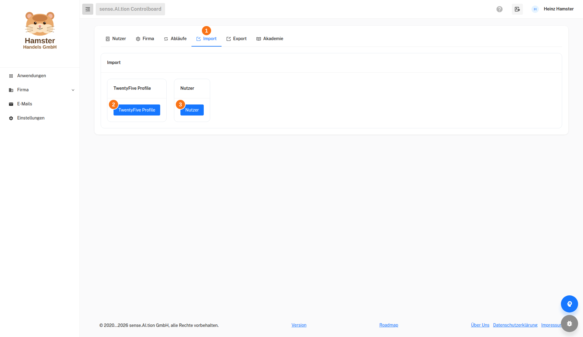 Einstellungen – Tab Import Einstellungen, Tab Import mit den Karten TwentyFive Profile und Nutzer