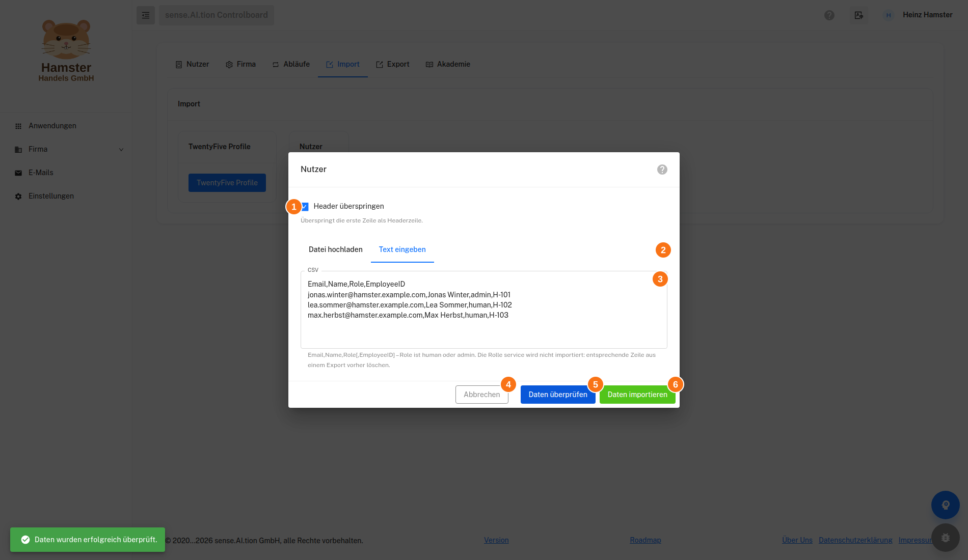 Import – Dialog Nutzer nach erfolgreicher Prüfung Dialog Nutzer mit geprüften Beispieldaten
