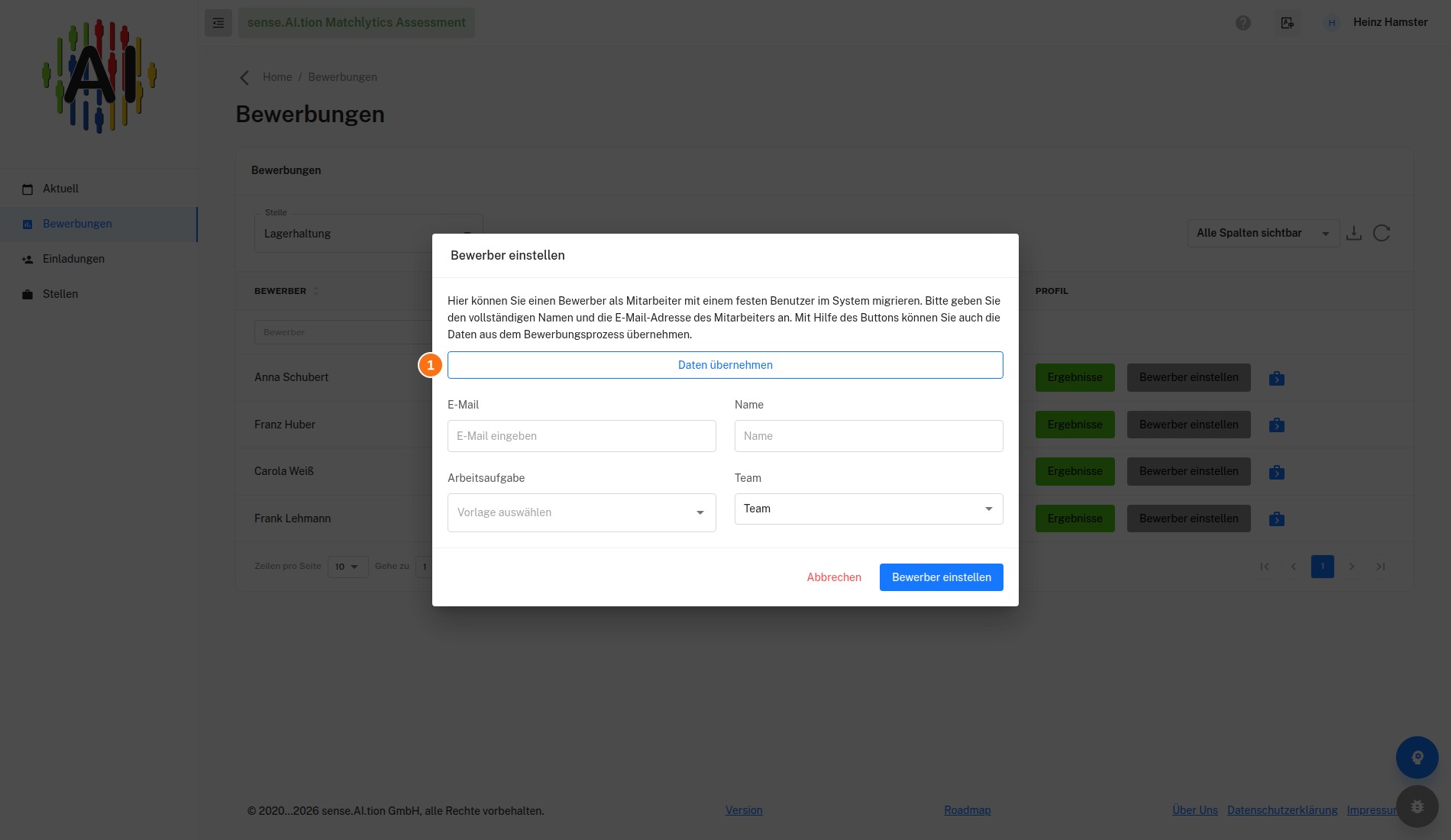 Leerer Dialog Bewerber einstellen mit dem Button Daten übernehmen