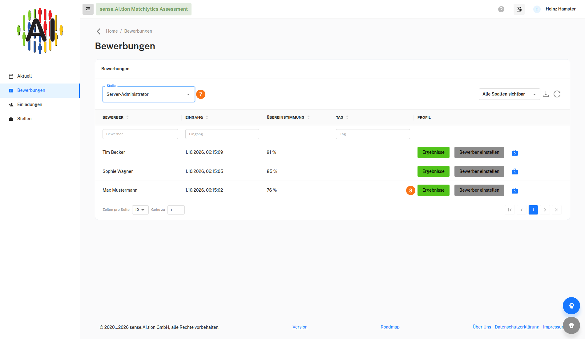 Bewerbungen – Stelle (7) und Ergebnisse (8) Bewerbungen mit Stellenauswahl, Übereinstimmung und Button Ergebnisse