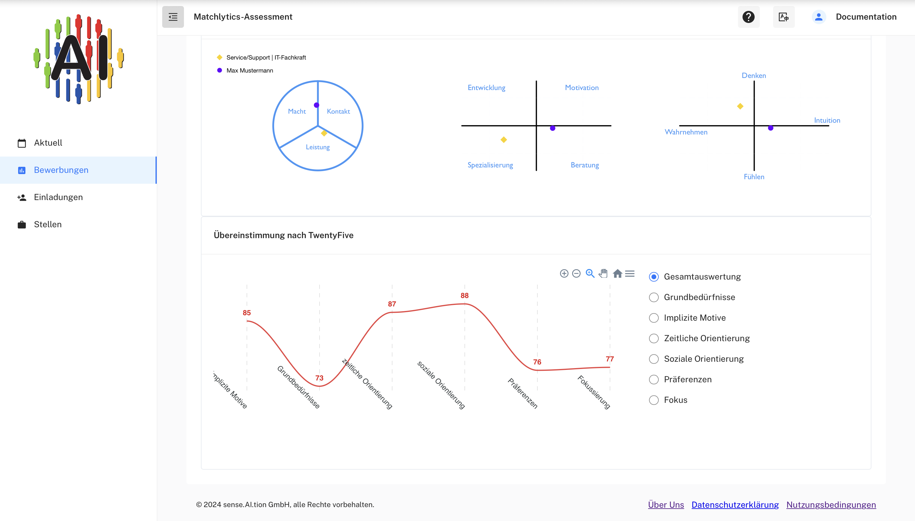 Tab Übereinstimmung – Diagramme Diagramme Übereinstimmung nach Motiven, Stärken und Präferenzen und Übereinstimmung nach TwentyFive