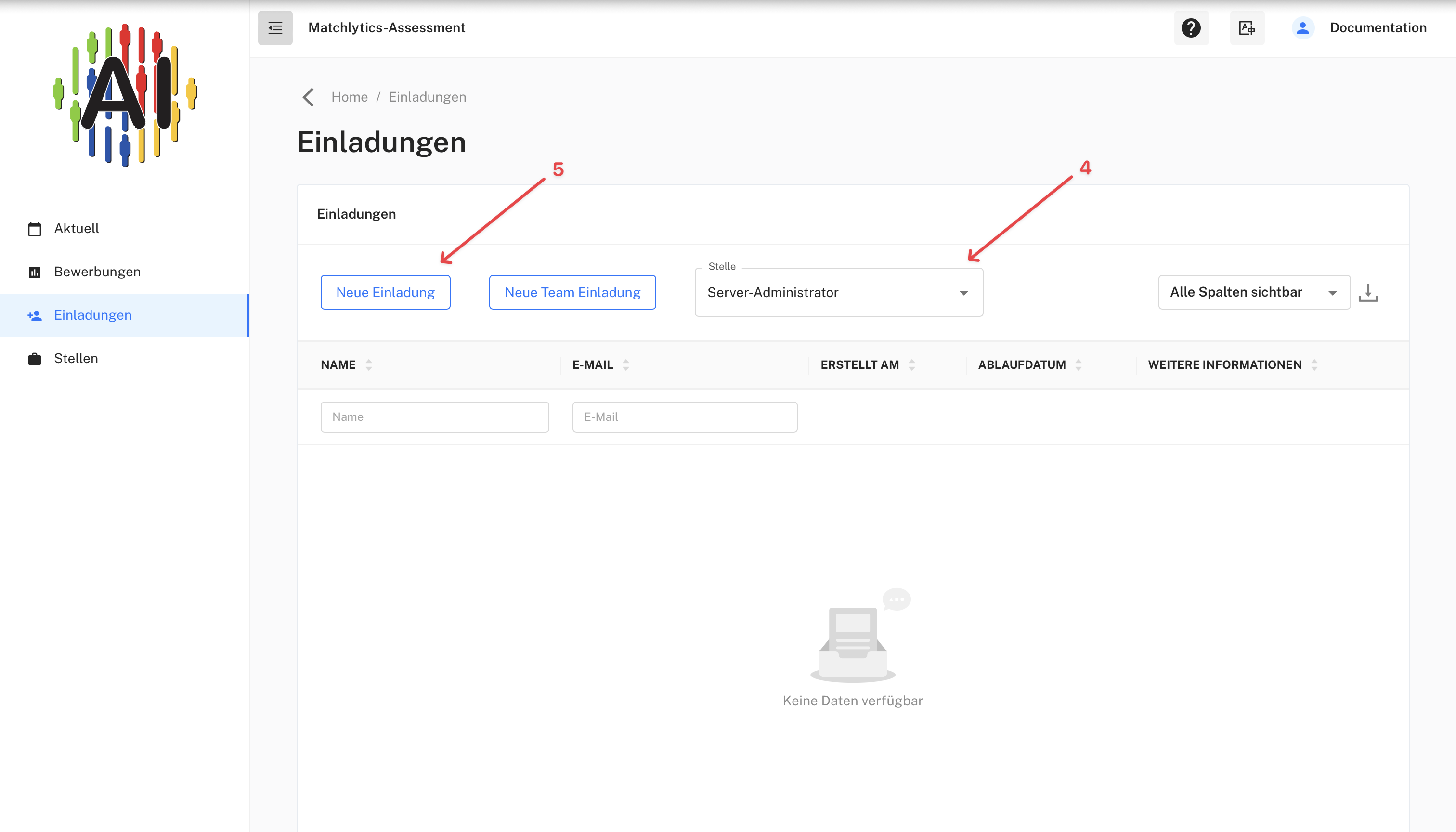 Einladungen – Stelle (4) und Neue Einladung (5) Einladungen mit Stellenauswahl und Button Neue Einladung