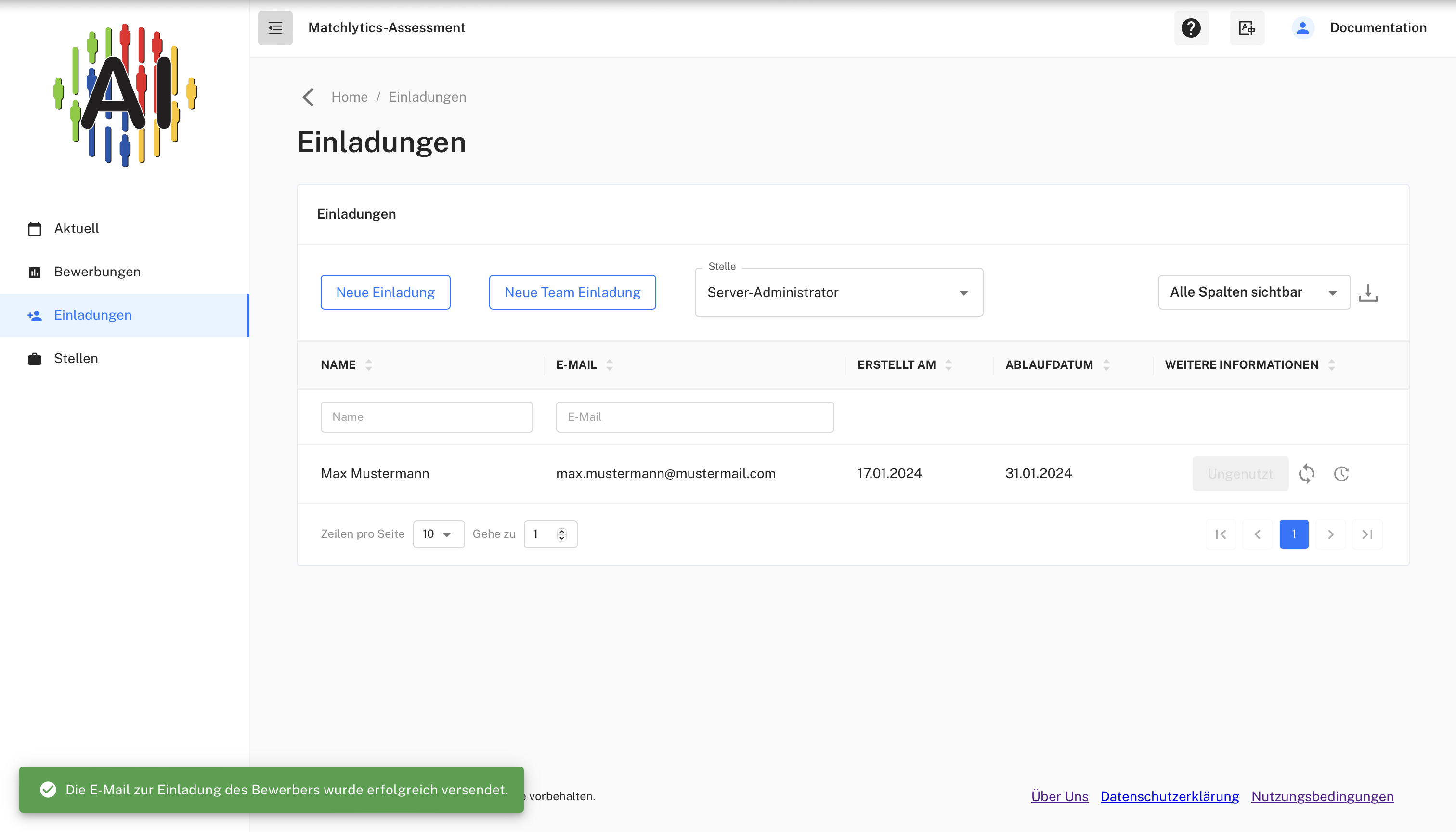 Einladungen – neue Einladung mit Status Ungenutzt Einladungsliste mit der neuen Einladung und Bestätigung des Versands