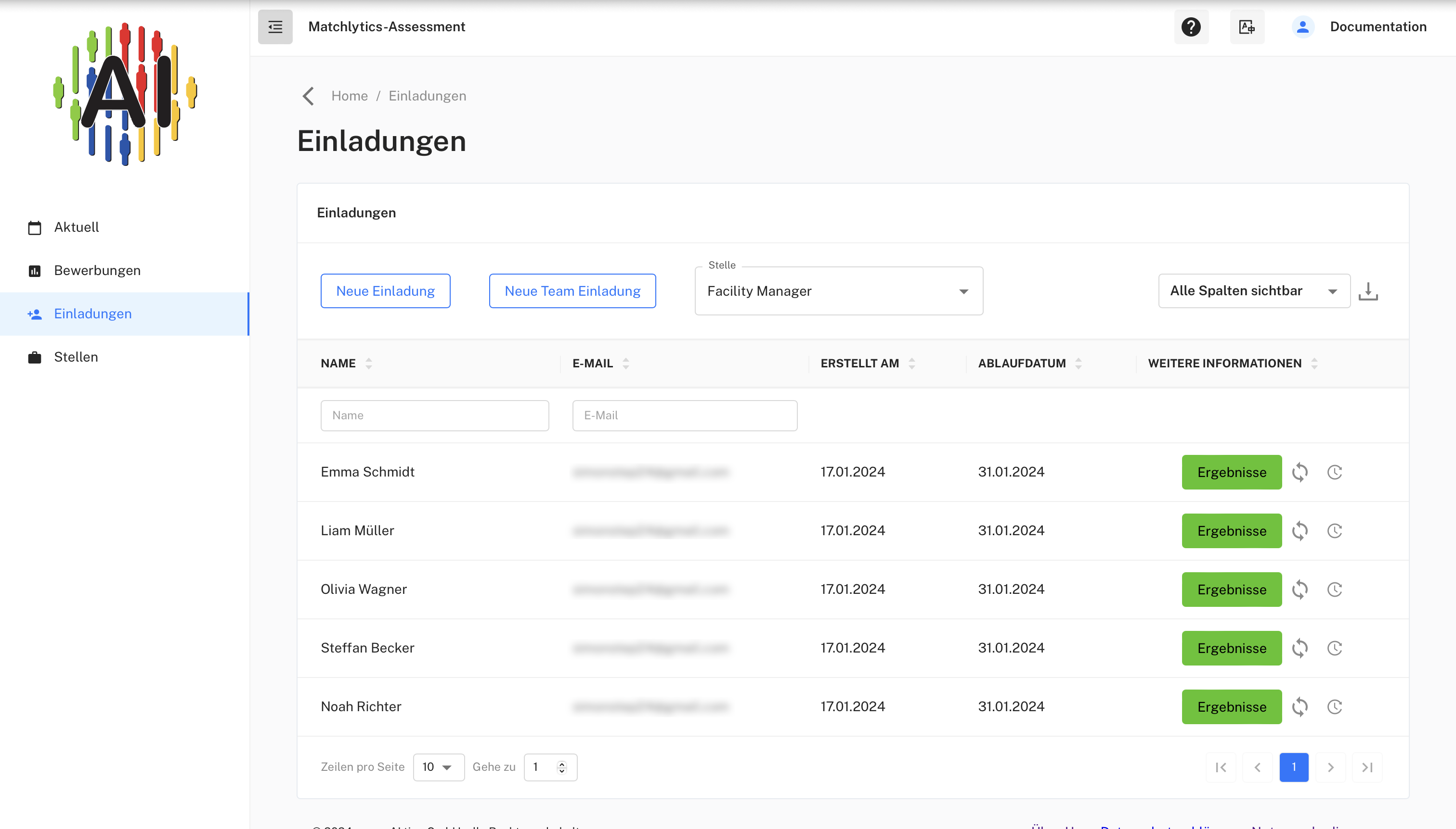 Einladungsliste mit fünf Bewerbern und aktivem Button Ergebnisse