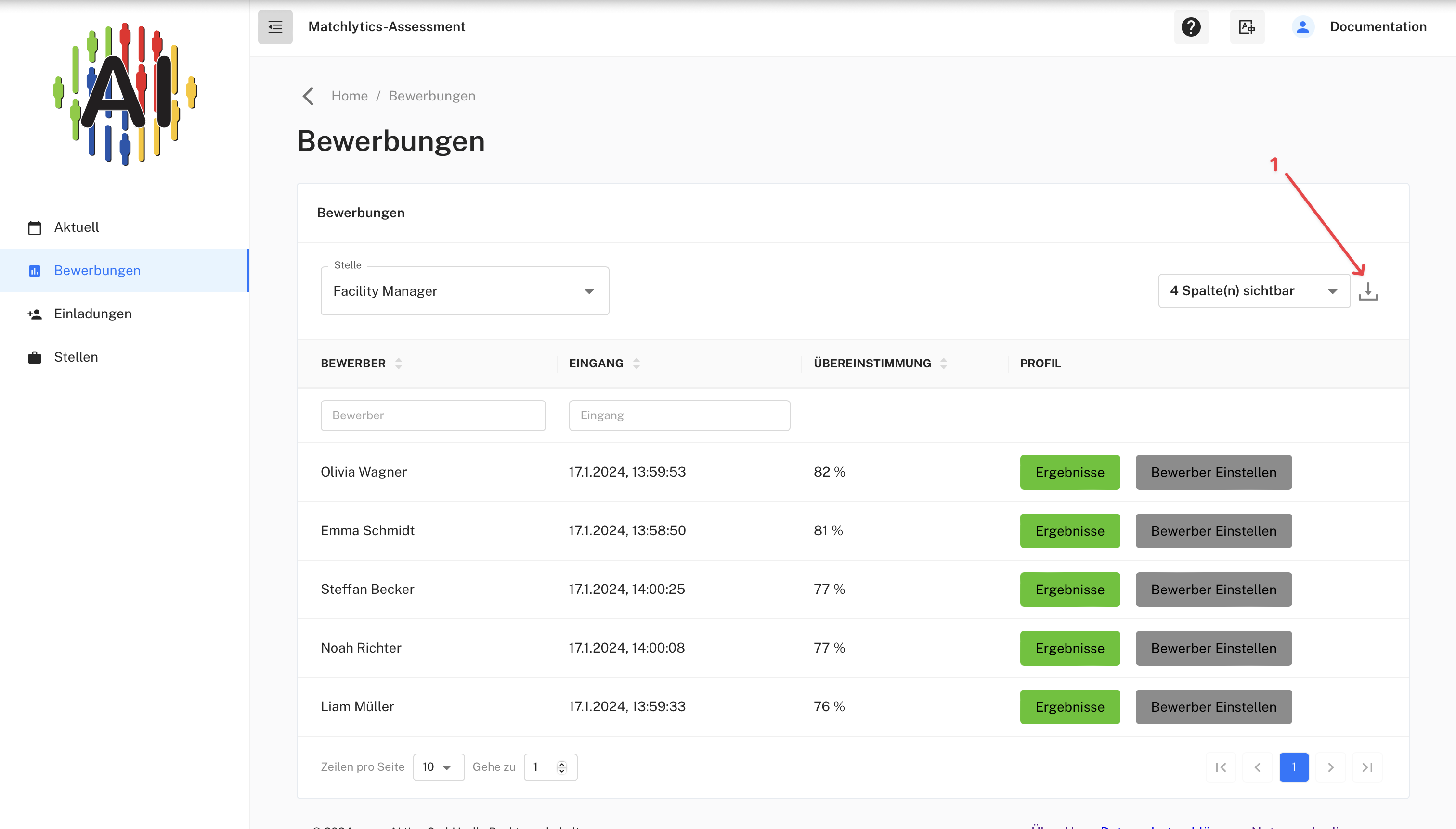 Bewerbungen der Stelle Facility Manager mit Export-Symbol