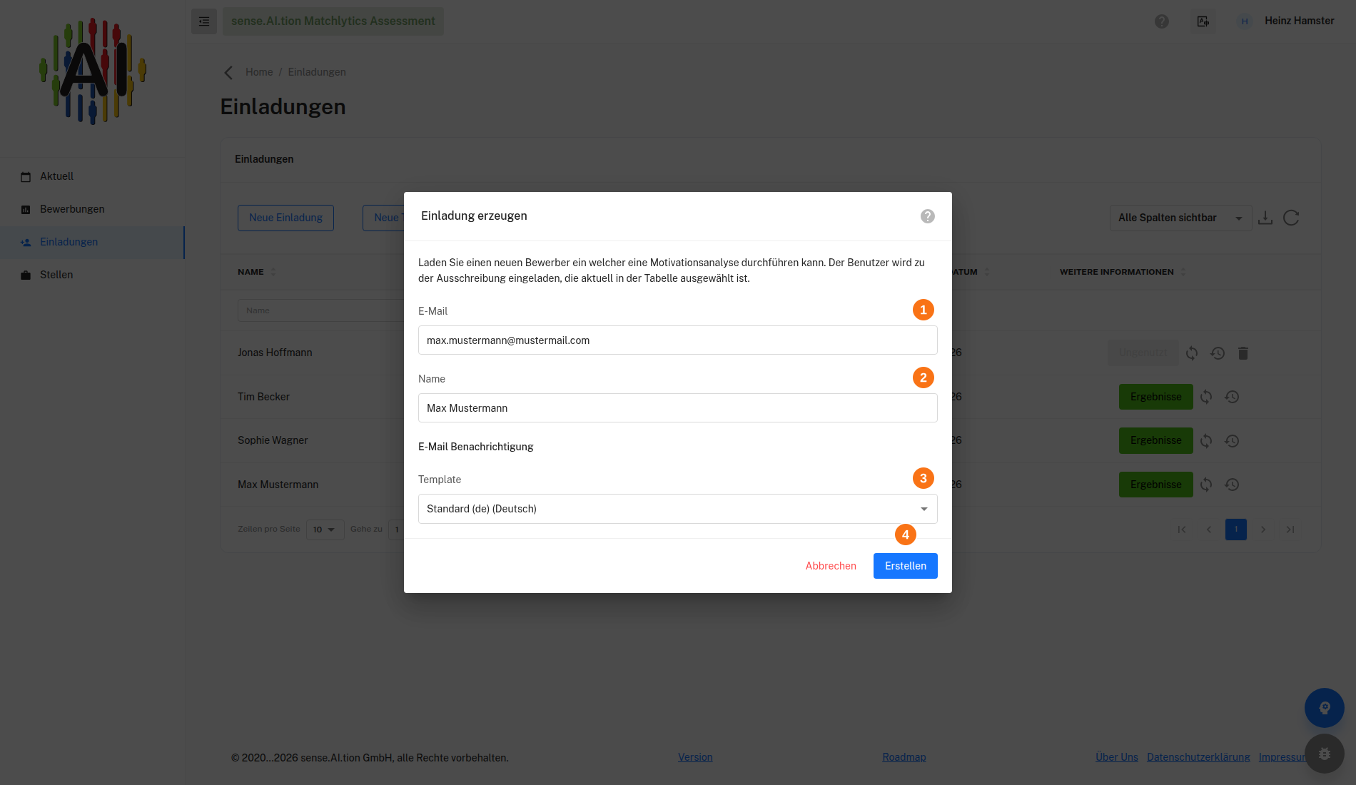 Dialog Einladung erzeugen Dialog Einladung erzeugen mit E-Mail, Name und Template