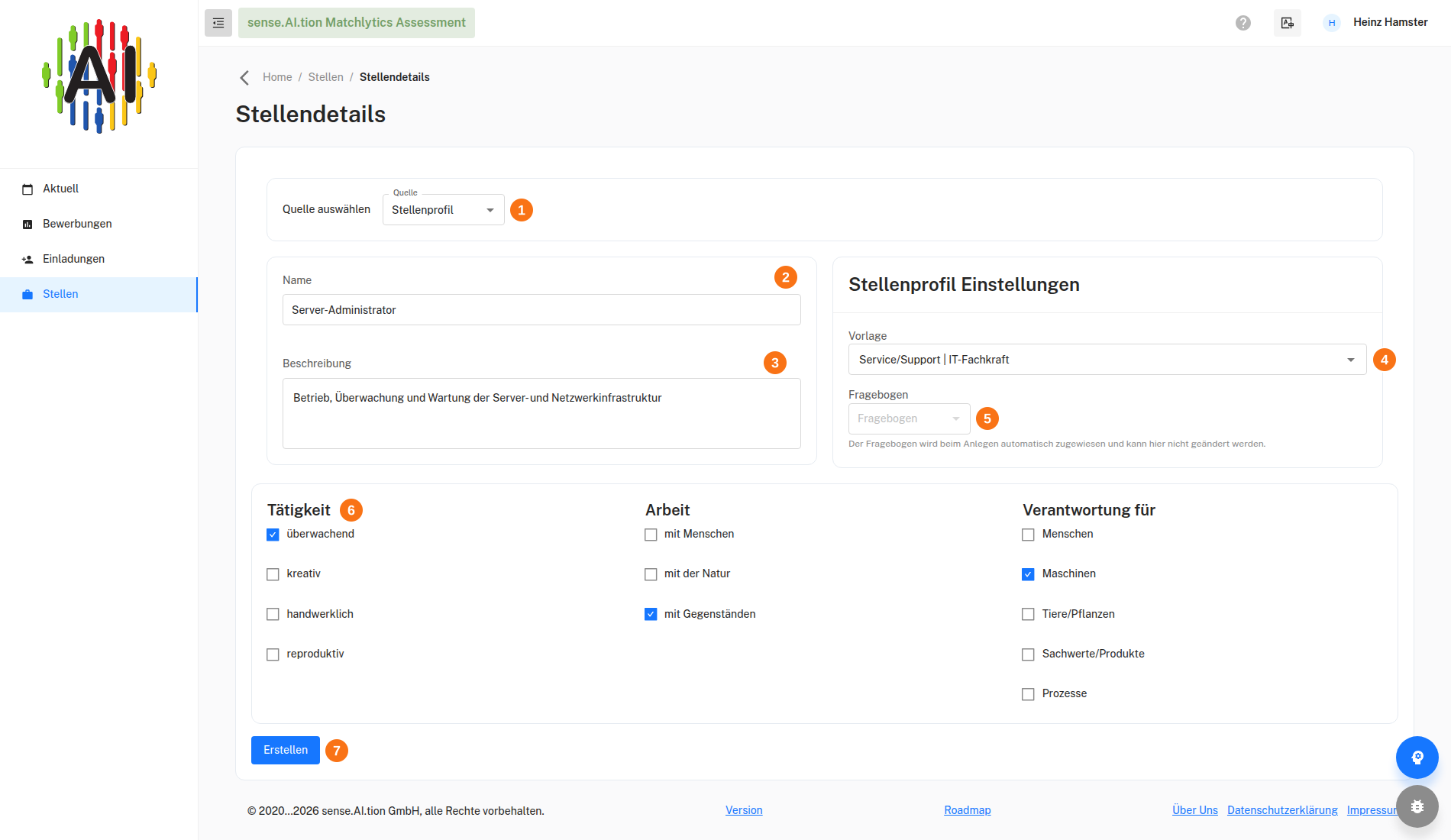 Stellendetails – neues Stellenangebot „Server-Administrator“ Stellendetails eines neuen Stellenangebots mit Quelle, Vorlage und Kontrollkästchen